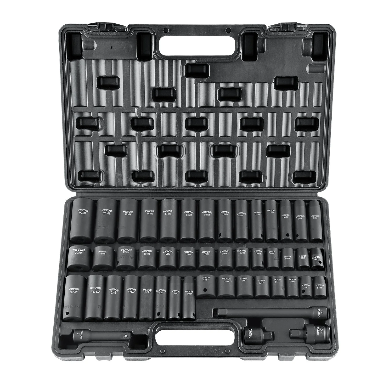 3/8" Drive Impact Socket Set, 48 Piece Socket Set SAE (5/16" -3/4") & Metric (8-22mm)6 Point Cr-V Drive Extension Bar Universal Joint & Power Drill Adapter Includes Storage Case