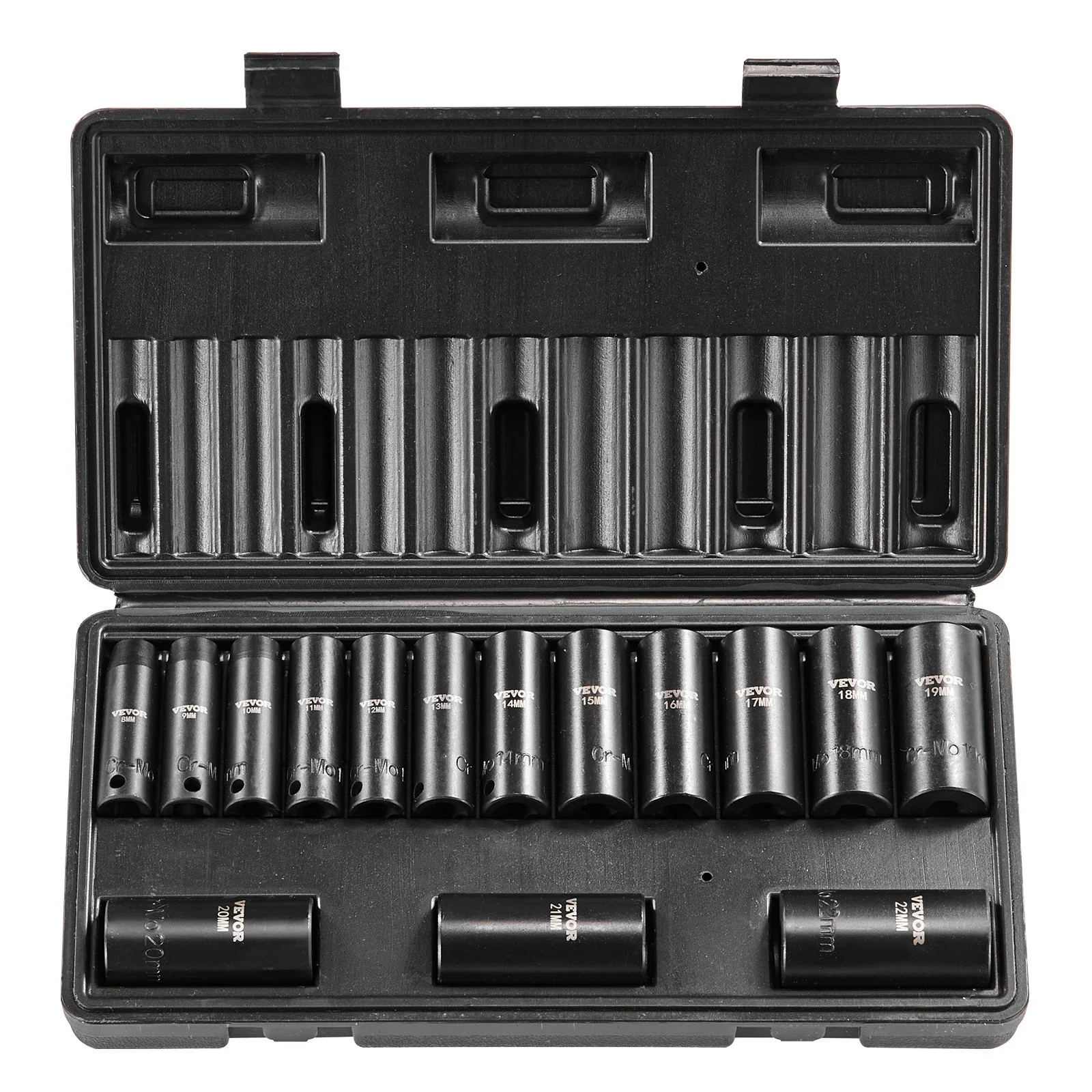 VEVOR 3/8" Drive Impact Socket Set, 15 Piece Deep Socket Set Metric 8-22mm, 6 Point Cr-Mo Alloy Steel for Auto Repair, Easy-to-Read Size Markings, Rugged Construction, Includes Storage Case