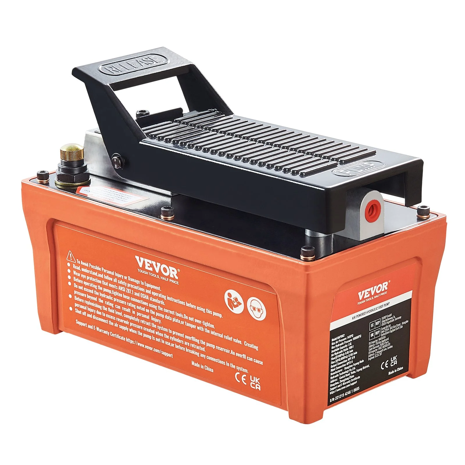 VEVOR Air Hydraulic Pump, 10,000 PSI 1/2 Gal Reservoir, NPT 3/8" Oil Outlet, NPT 1/4" Inlet, 6.6 ft Pipe, Foot Actuated Hydraulic Pump Air Treadle for Auto Body Frame Machines and Pulling Post, Orange