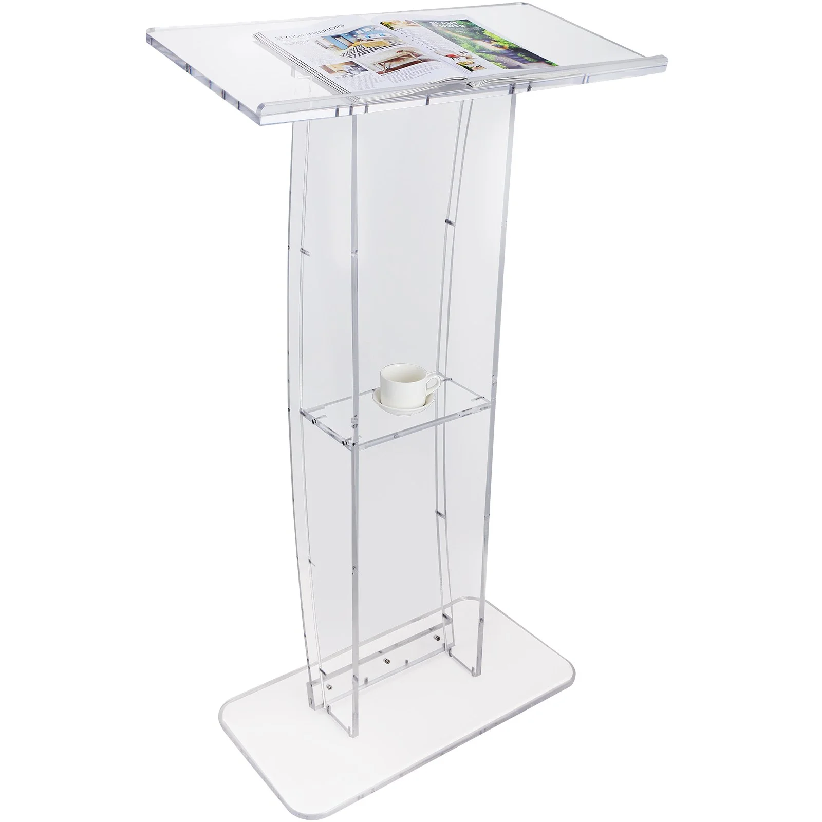 Acrylic Podium, 47" Tall, Clear Acrylic Podium Stand with Wide Reading Surface & Storage Shelf, Floor-standing Clear Pulpits Acrylic for Church Office School