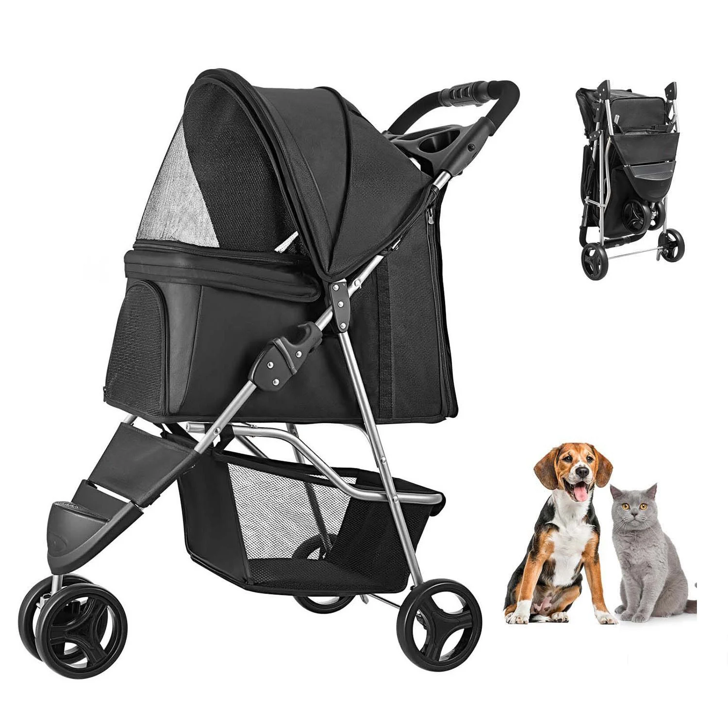 Pet Stroller, 16KG Weight Capacity, Foldable Dog Stroller Cart, 3 Wheels Cats Strollers with Mesh Windows and Cup Holders, Portable Pet Carrier Strollers with Brake, for Small to Medium Pets