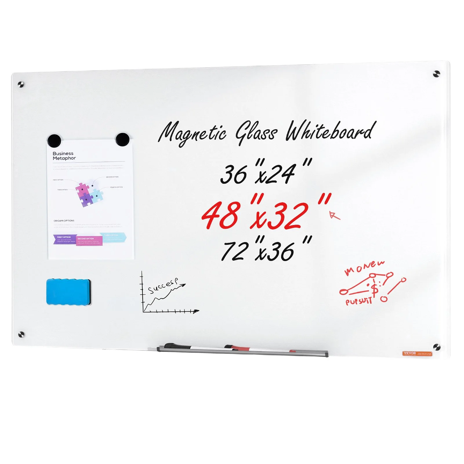 VEVOR Magnetic Glass Whiteboard, Dry Erase Board 48"x32", Wall-Mounted Large White Glassboard Frameless, with Marker Tray, an Eraser and 2 Markers, White