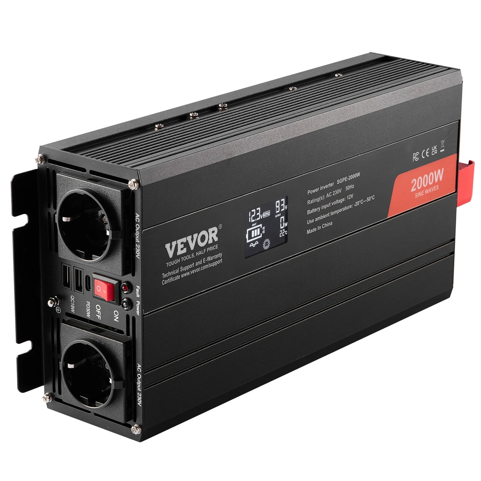 VEVOR Pure Sine Wave Inverter, 2000 Watt,  Power Inverter with 2 AC Outlets 2 USB Port 1 Type-C Port, LCD Display and Remote Controller for Medium-Sized Household Equipment, CE FCC