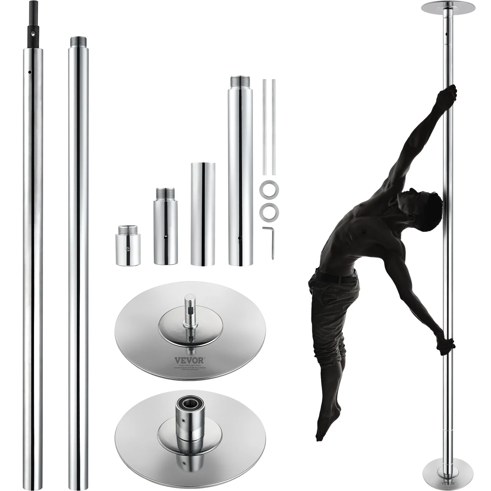 VEVOR Professional Dancing Pole, Spinning Static Dancing Pole Kit, Portable Removable Pole, 45mm Heavy-Duty Stainless Steel Pole, Height Adjustable Fitness Pole, for Exercise Home Club Gym, Silver
