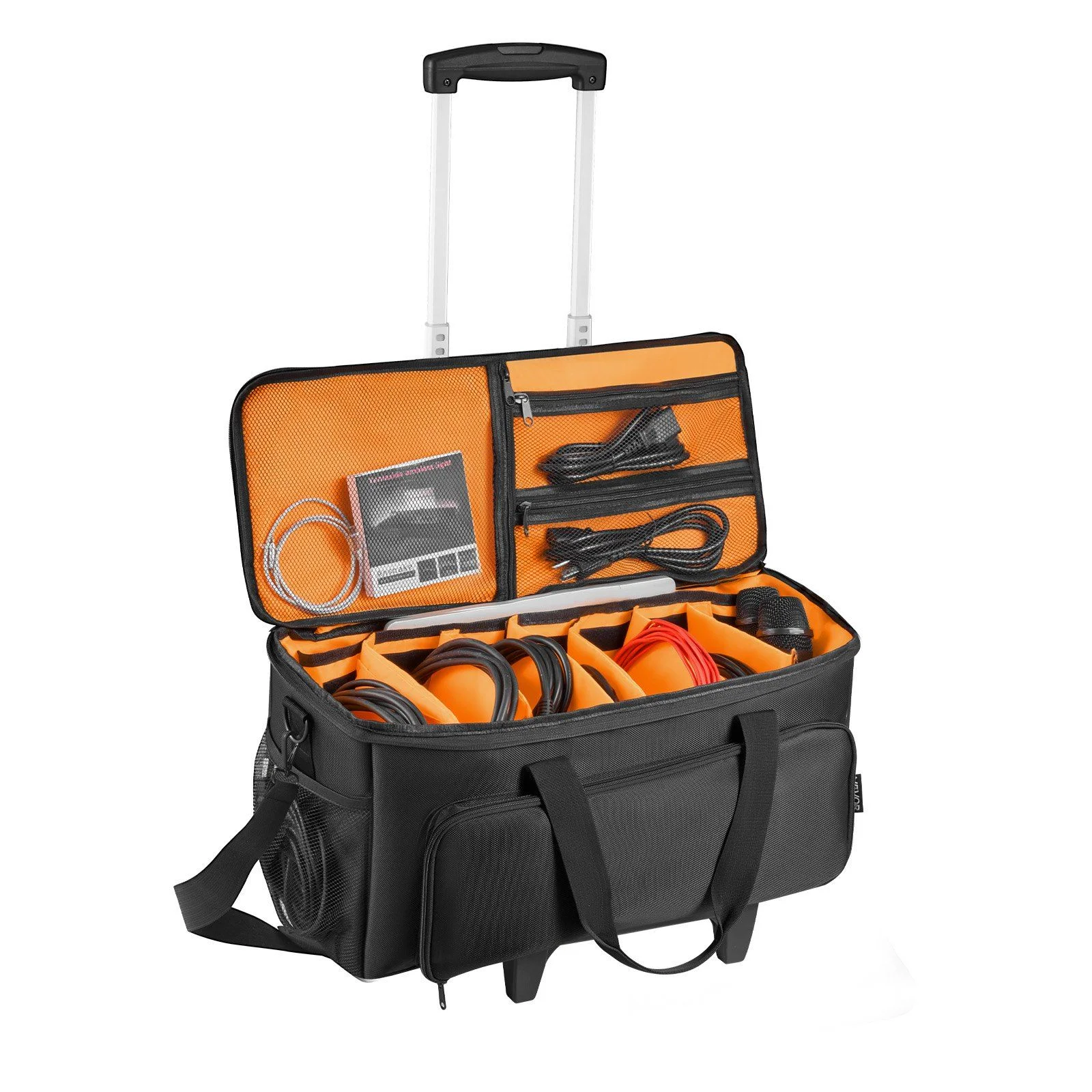 Rolling DJ Cable Bag, 1680D, Padded File Gig Bag with Wheels, 6 Detachable Divider, Travel Storage Music Gear Case, for Professional DJ Gear, Musical Instrument and Accessories, Sound Equipment