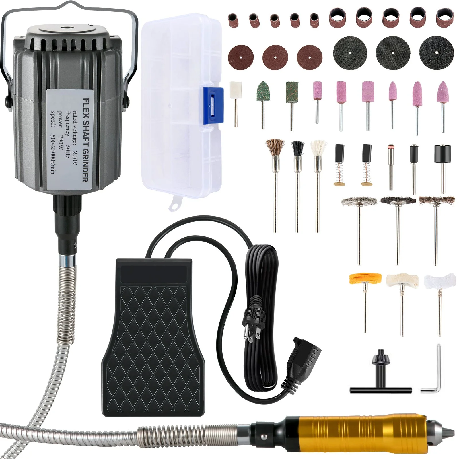 VEVOR Flex Shaft Grinder Rotary Tool 780W 6.5mm Chuck w/ Foot Pedal 45 Accessory