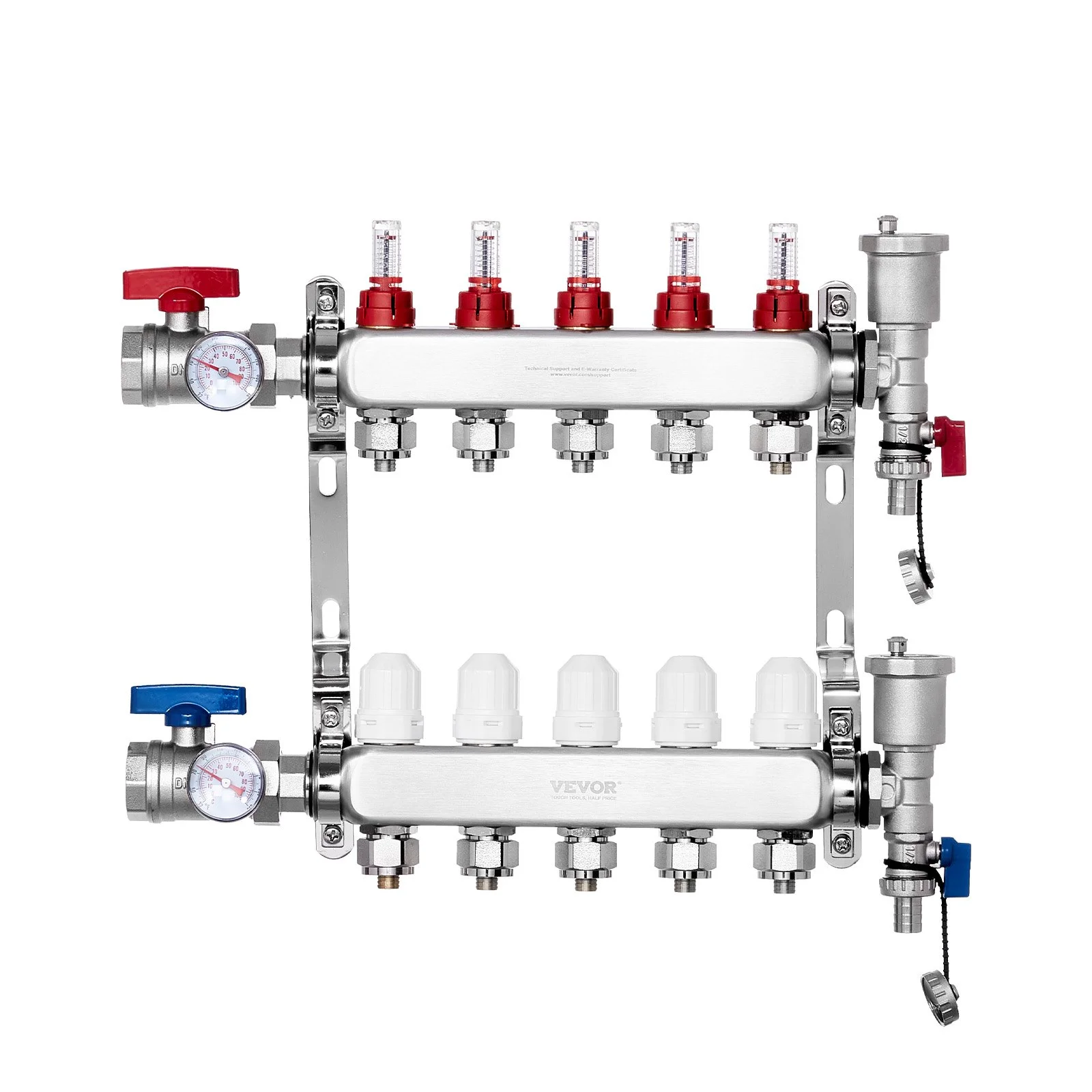 VEVOR 5-Branch Radiant Heat Manifold, 1/2" PEX Tubing Manifold, Stainless Steel PEX Manifold for Hydronic Radiant Floor Heating, Radiant Heat PEX Manifold Kit with 1/2" Adapters Included