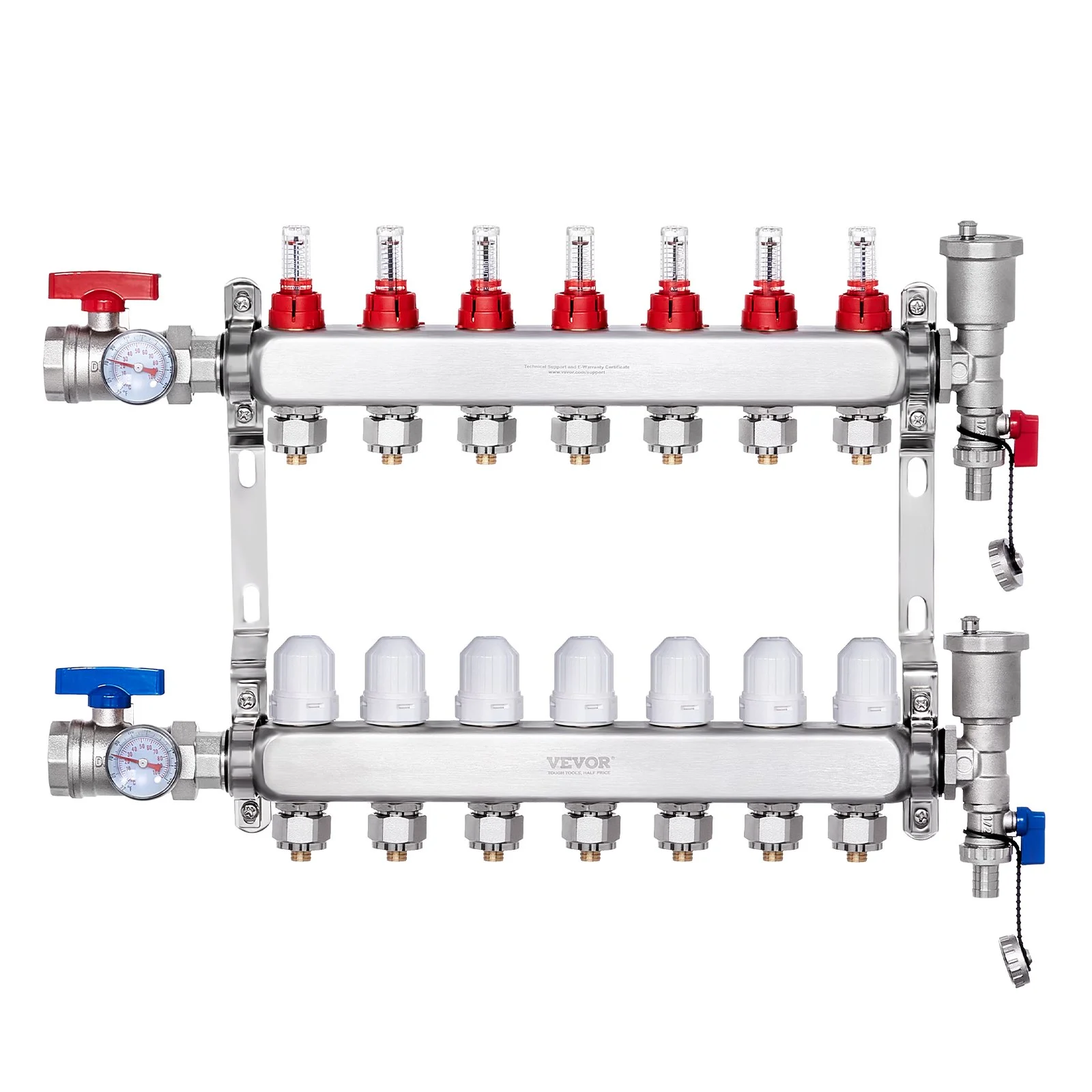 VEVOR 7-Branch Radiant Heat Manifold, 1/2" PEX Tubing Manifold, Stainless Steel PEX Manifold for Hydronic Radiant Floor Heating, Radiant Heat PEX Manifold Kit with 1/2" Adapters Included
