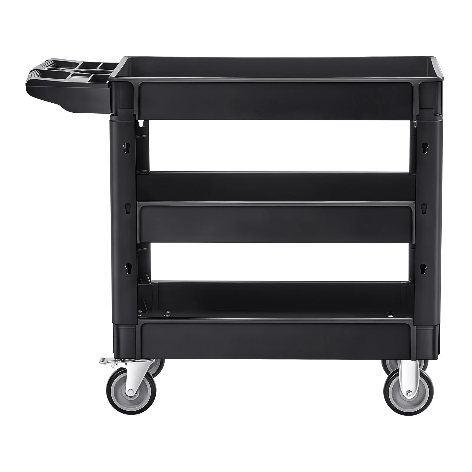 Utility Service Cart, 550 LBS Laod Capacity, 3 Shelf Heavy Duty Plastic Rolling Utility Cart with 360° Swivel Wheels (2 with Brakes), Ergonomic Storage Handle for Warehouse/Garage/Cleaning