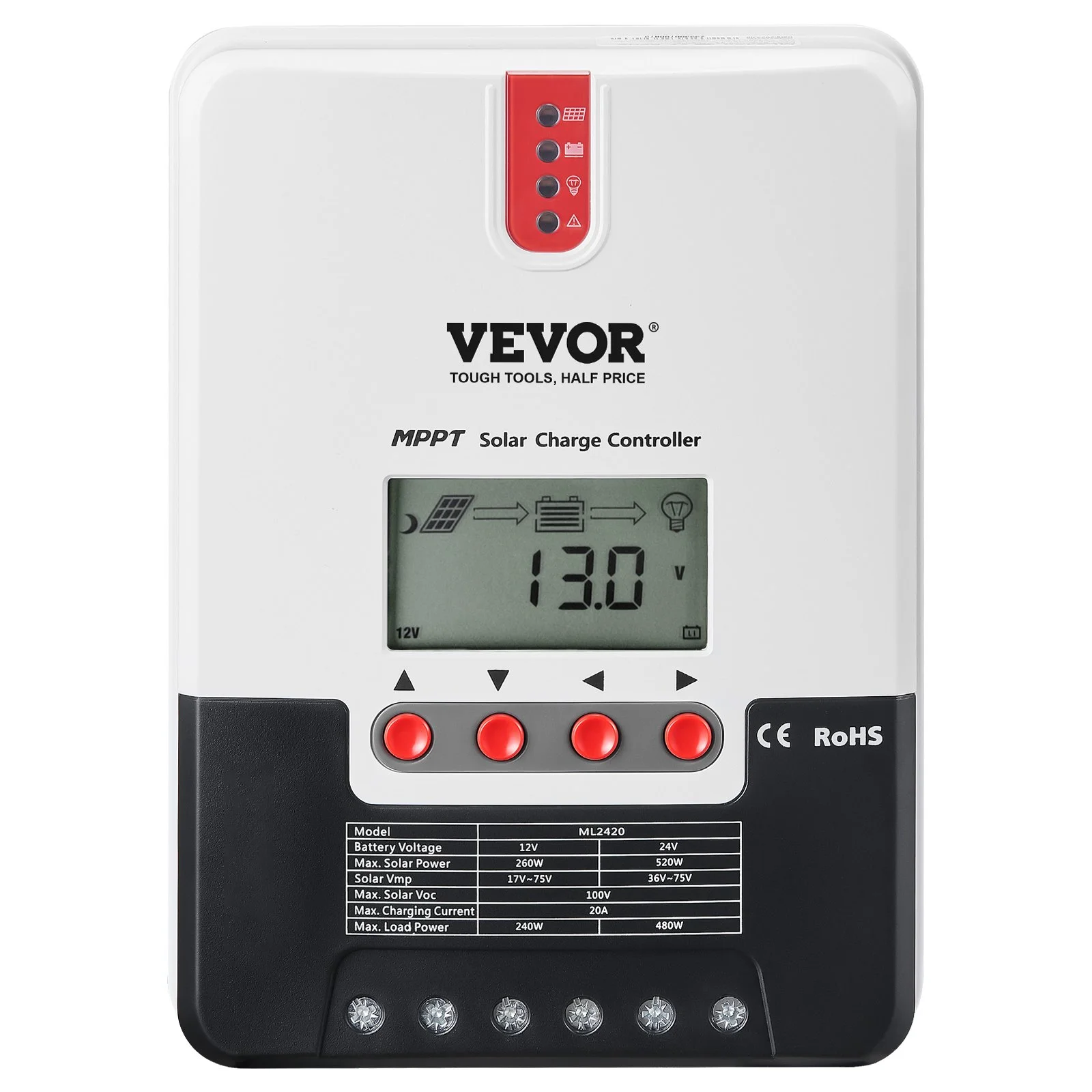 VEVOR 20A MPPT Solar Charge Controller, Auto DC Input, Solar Panel Regulator Charger with LCD Display Temperature Sensor Cable, for Sealed(AGM), Gel, Flooded and Lithium Battery Charging