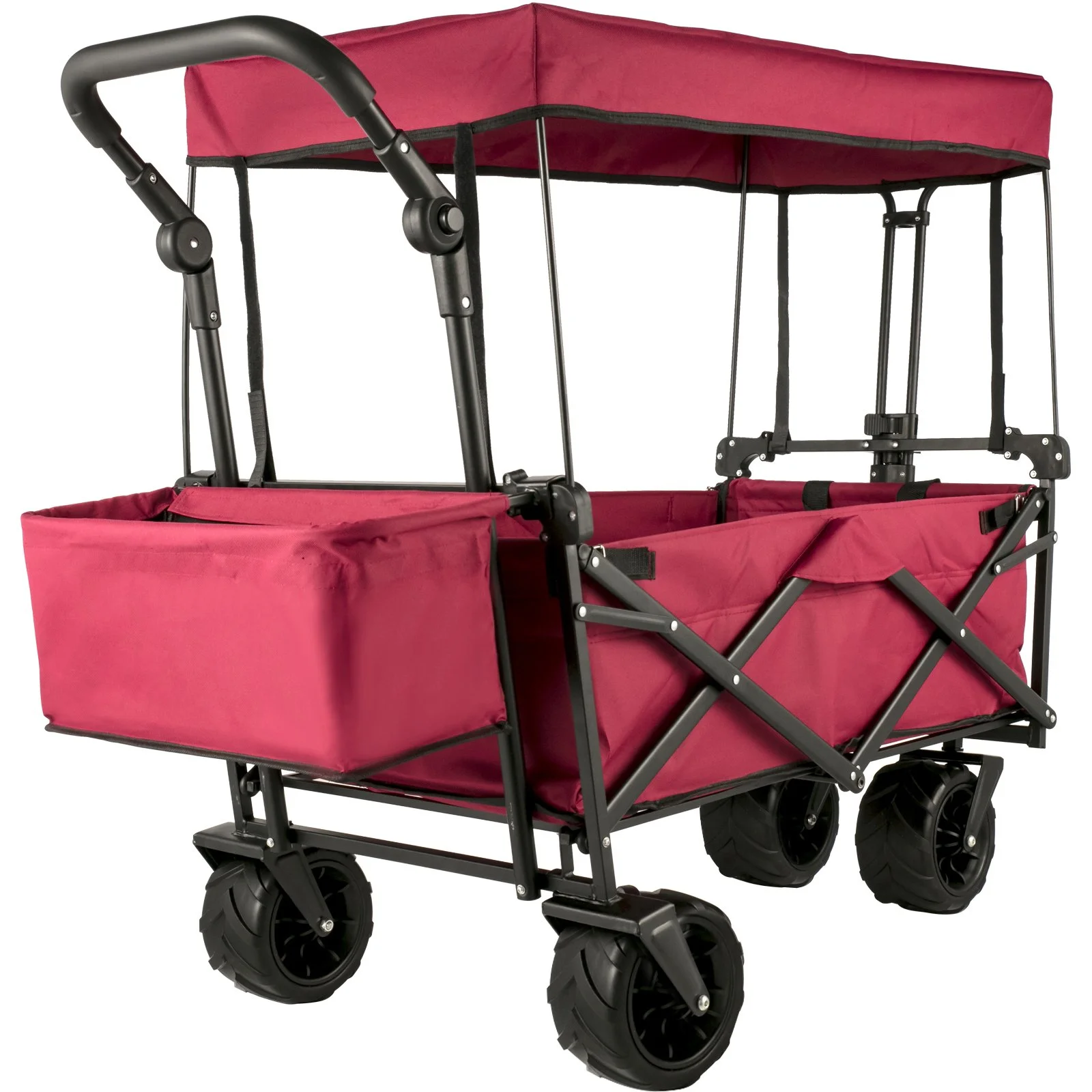 Folding Wagon Cart, Collapsible Folding Garden Cart w/ Shade Beach Utility