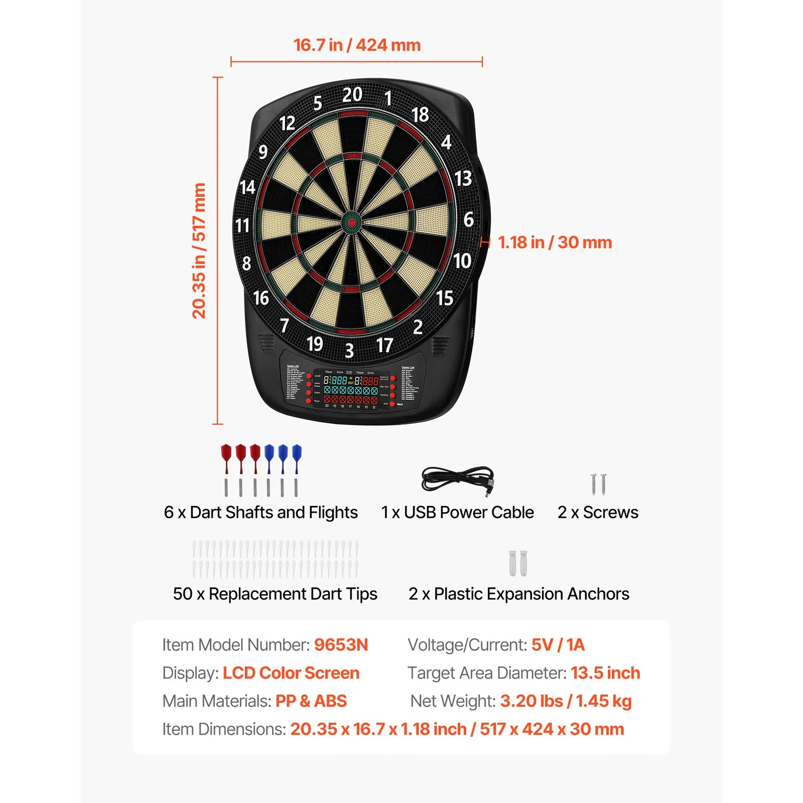 Electronic Dart Board, 336mm Target Dartboard with 43 Games & 200+ Variations for Up to 8 Players, 6 Dart Shafts with Flights & 50 Soft Tips, Color LC thumbnail 7