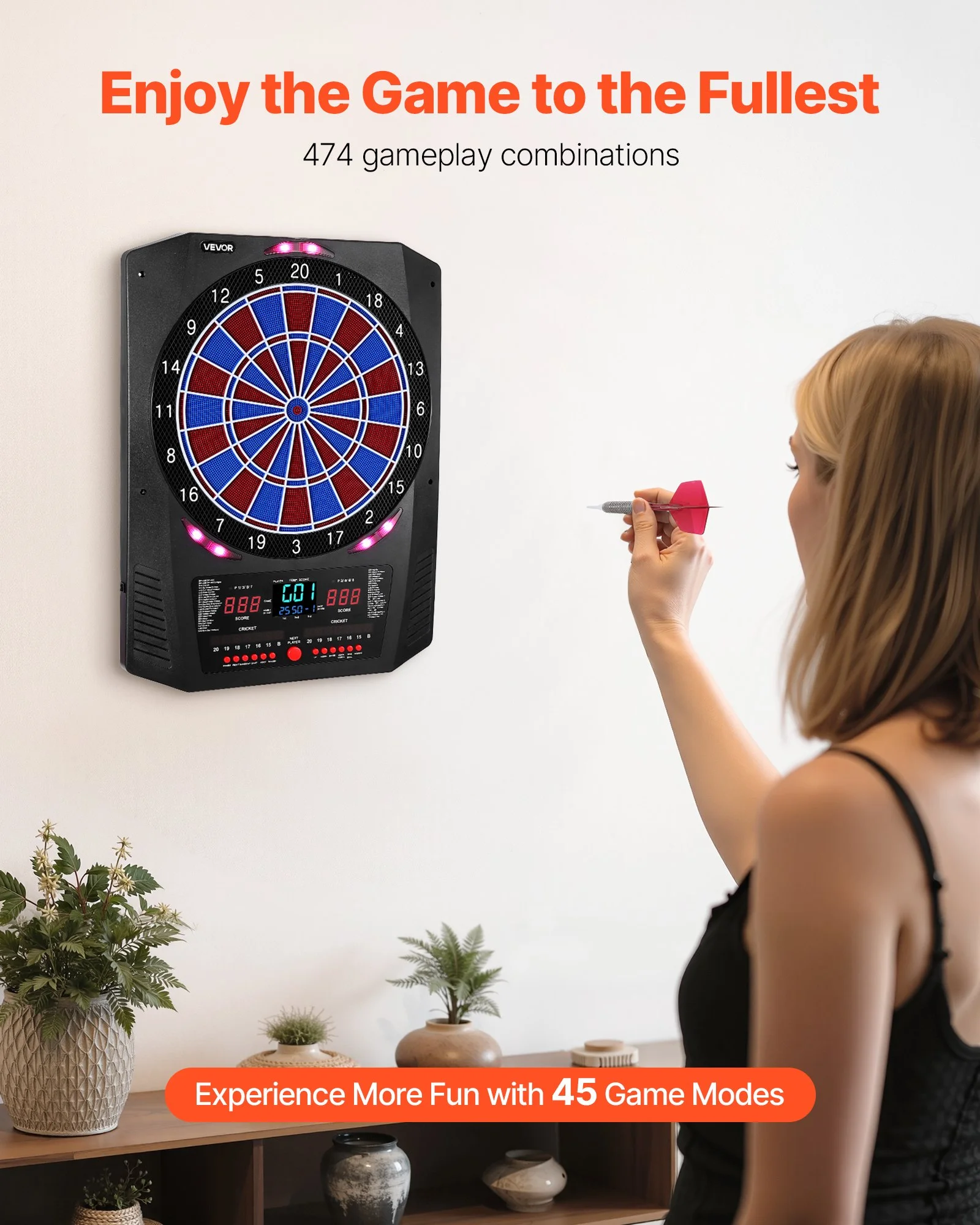 Electronic Dart Board, 336mm Target Dartboard with 45 Games & 474 Variations for Up to 8 Players, 6 Dart Shafts with Flights & 50 Soft Tips, Color LED thumbnail 2