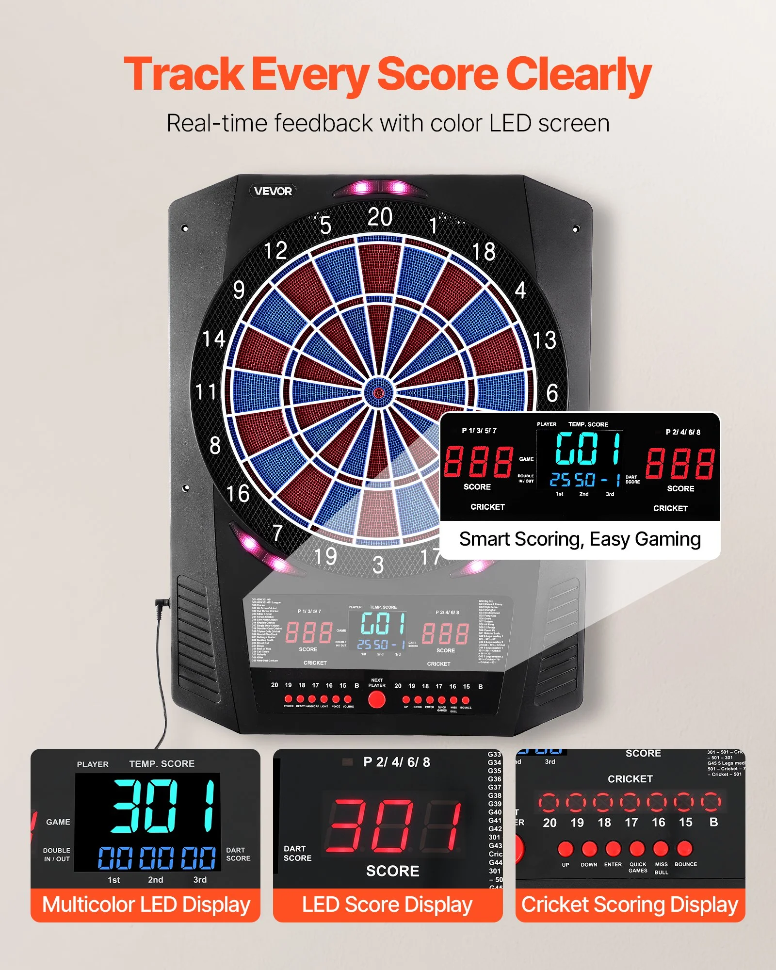 Electronic Dart Board, 336mm Target Dartboard with 45 Games & 474 Variations for Up to 8 Players, 6 Dart Shafts with Flights & 50 Soft Tips, Color LED thumbnail 4