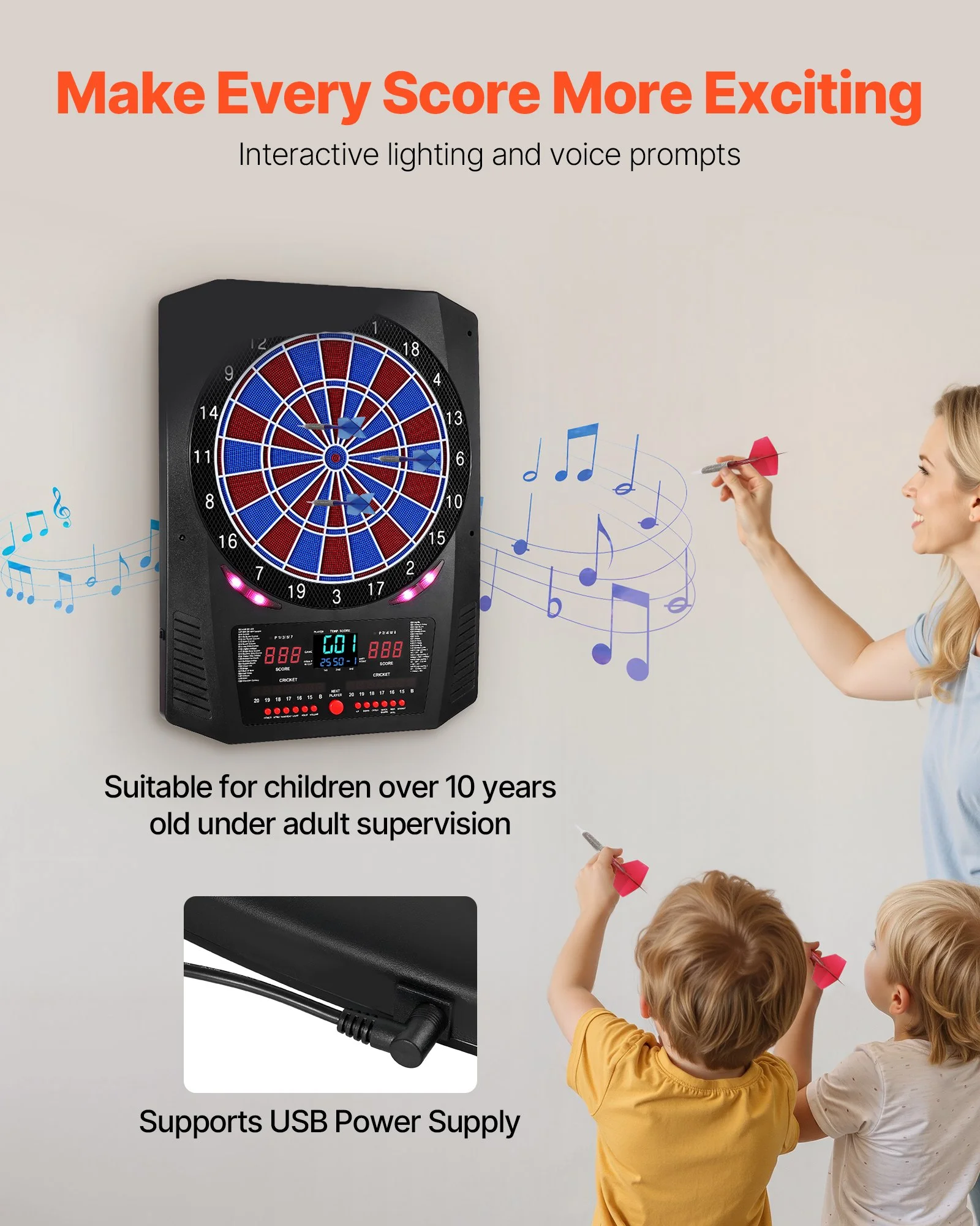 Electronic Dart Board, 336mm Target Dartboard with 45 Games & 474 Variations for Up to 8 Players, 6 Dart Shafts with Flights & 50 Soft Tips, Color LED thumbnail 6