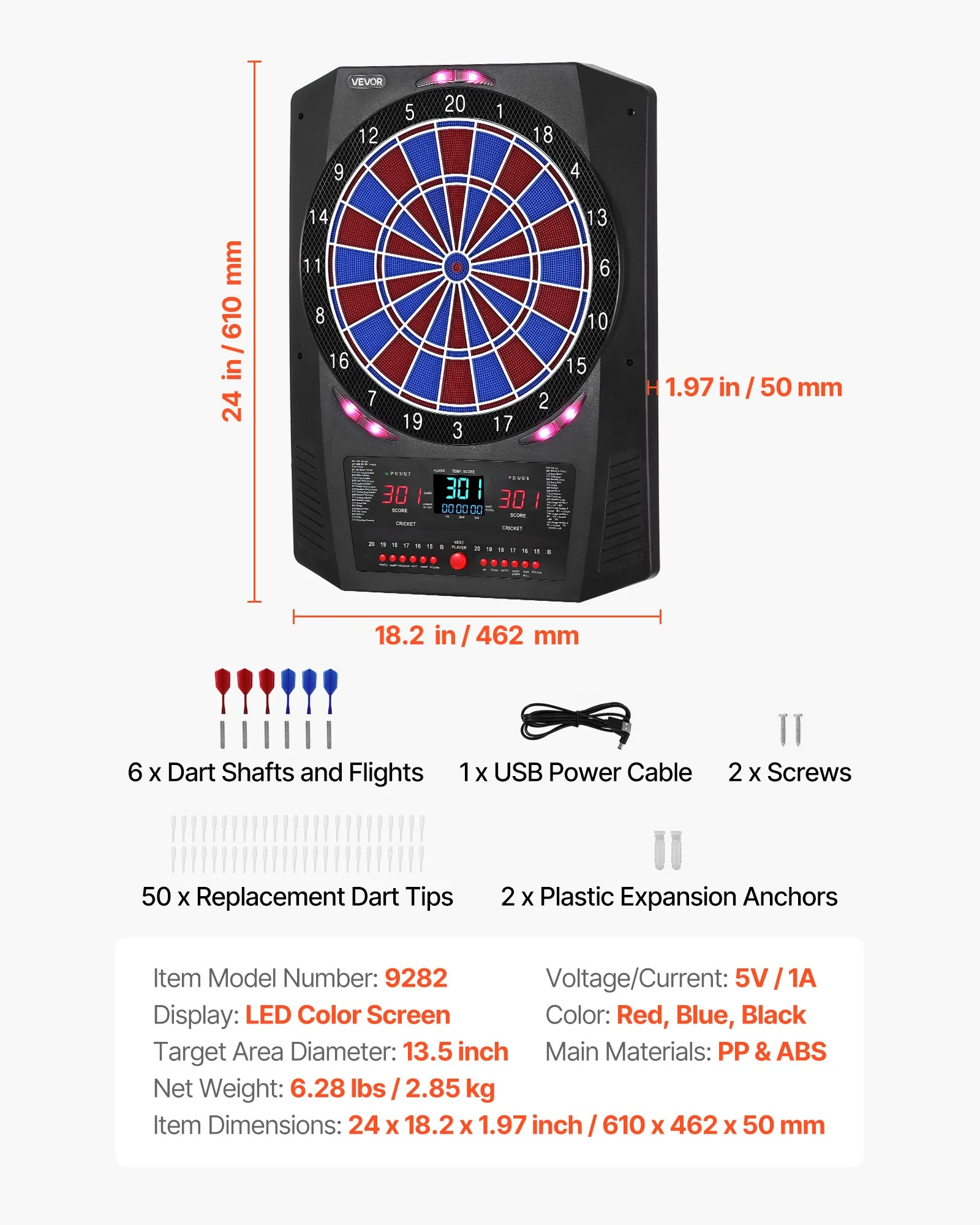 Electronic Dart Board, 336mm Target Dartboard with 45 Games & 474 Variations for Up to 8 Players, 6 Dart Shafts with Flights & 50 Soft Tips, Color LED thumbnail 7