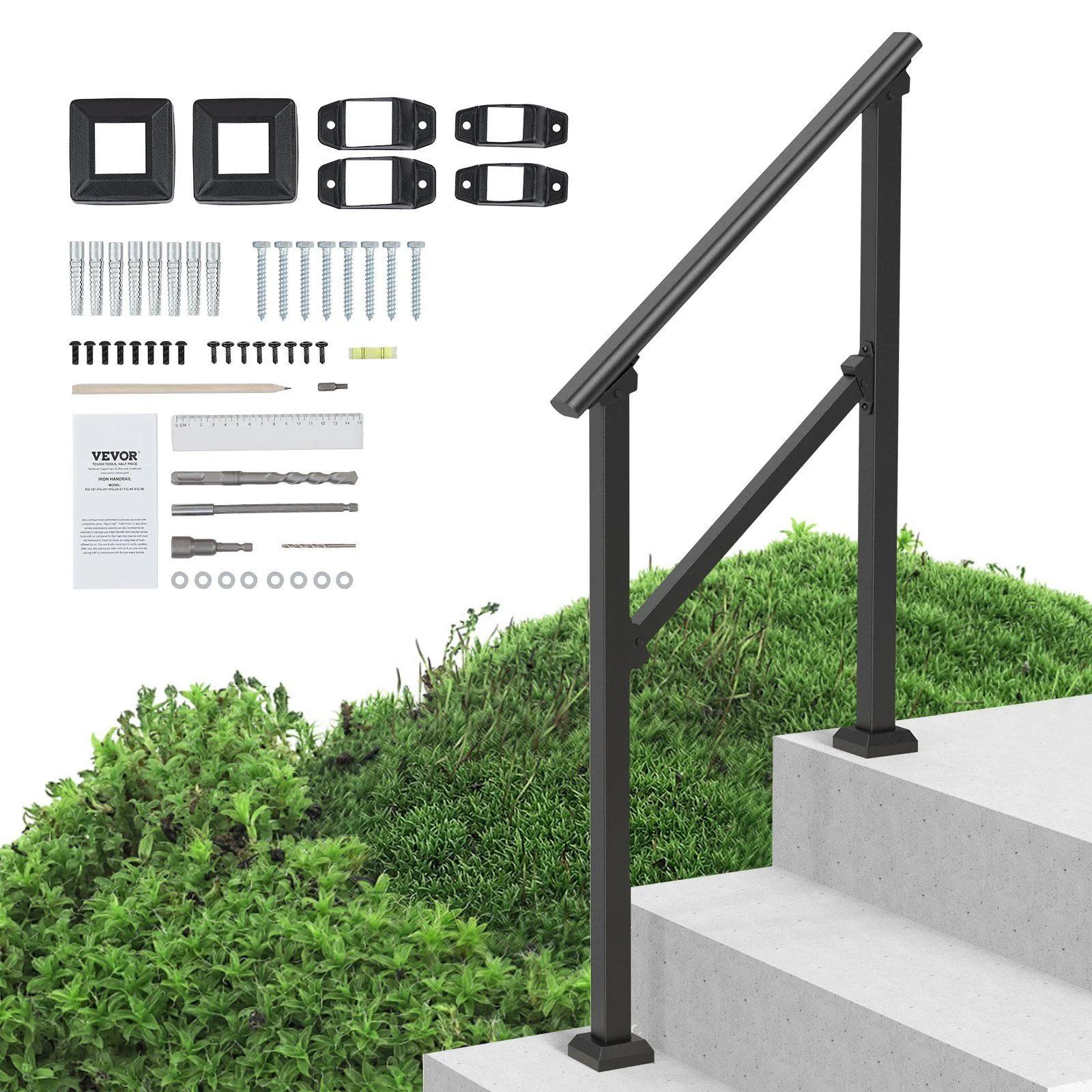 Handrails for Outdoor Steps, 2-3 Step Stair Hand Rail Kit, Transitional Carbon Steel Railings with Installation Kit, Stair Rails for Seniors, Concrete Steps & Porch & Deck, Black Square Tube