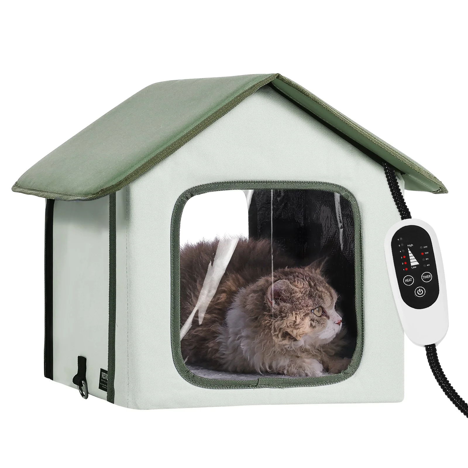 VEVOR Elevated Heated Cat House, Outdoor Kitty Shelter with Timer, 600D Oxford Cloth Foldable Cat Shelter with Heated Pad for Winter to Stay Warm and Cozy, Green (Small)