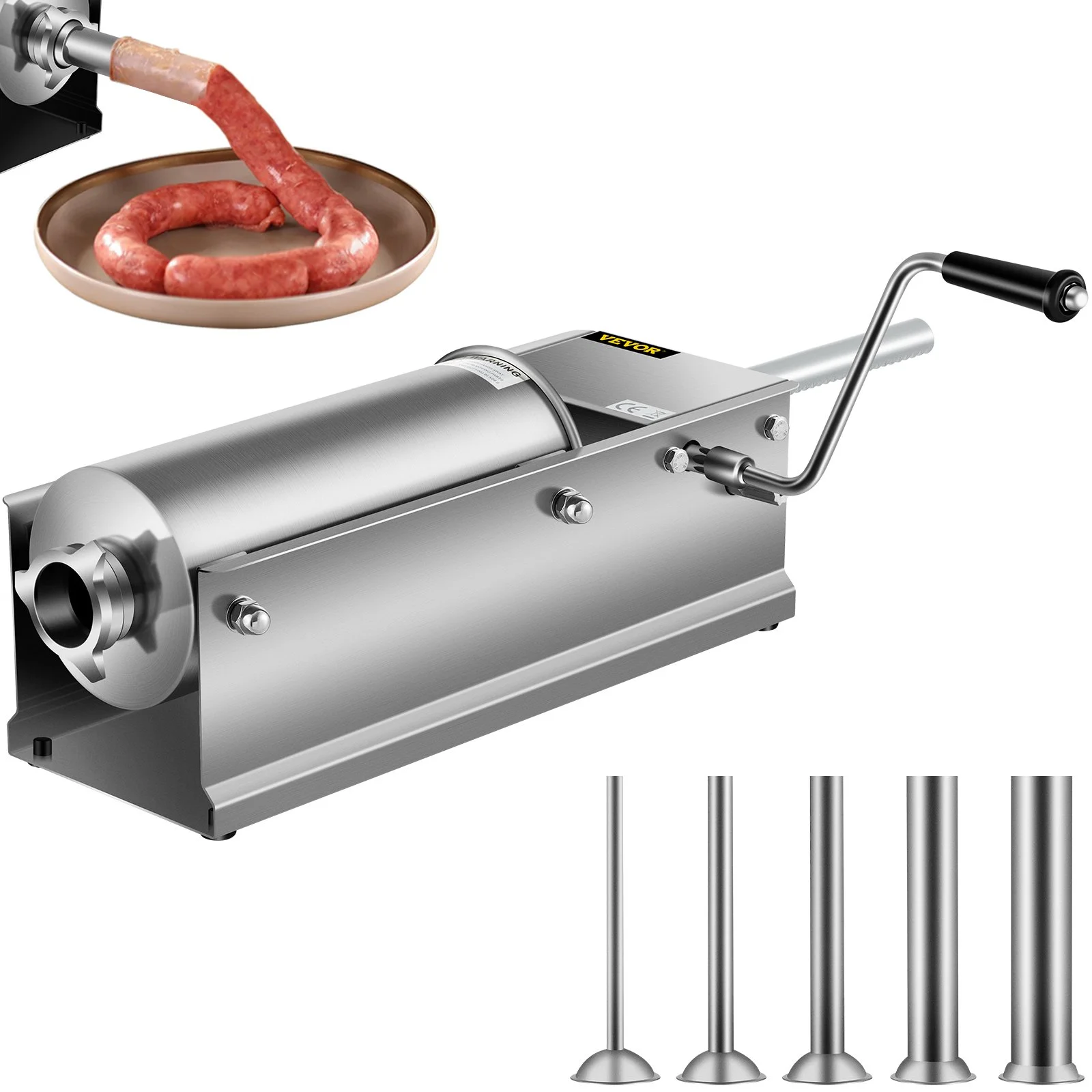 VEVOR Manual Sausage Stuffer, 5 L / 11 LBS Horizontal Sausage Machine, Dual-Speed Meat Stuffer, Made of Food-Grade 304 Stainless Steel, Includes 5 Stuffing Tubes, for Home Kitchen Restaurant Commercia