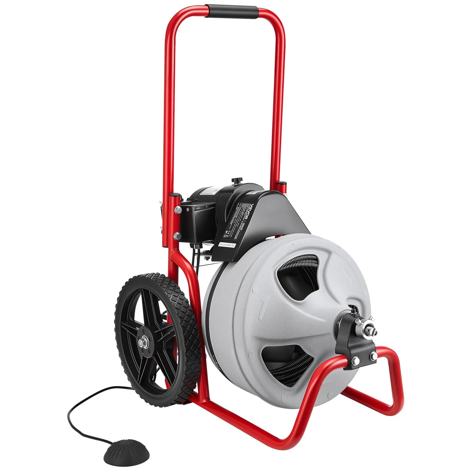 Drain Cleaner Machine 22m x 9.5mm, Sewer Snake Auger Manual Feed on Wheels, Portable Drain Cleaning Machine with 6 Cutters & Air-activated Foot Switch for 50mm to 100mm Pipes