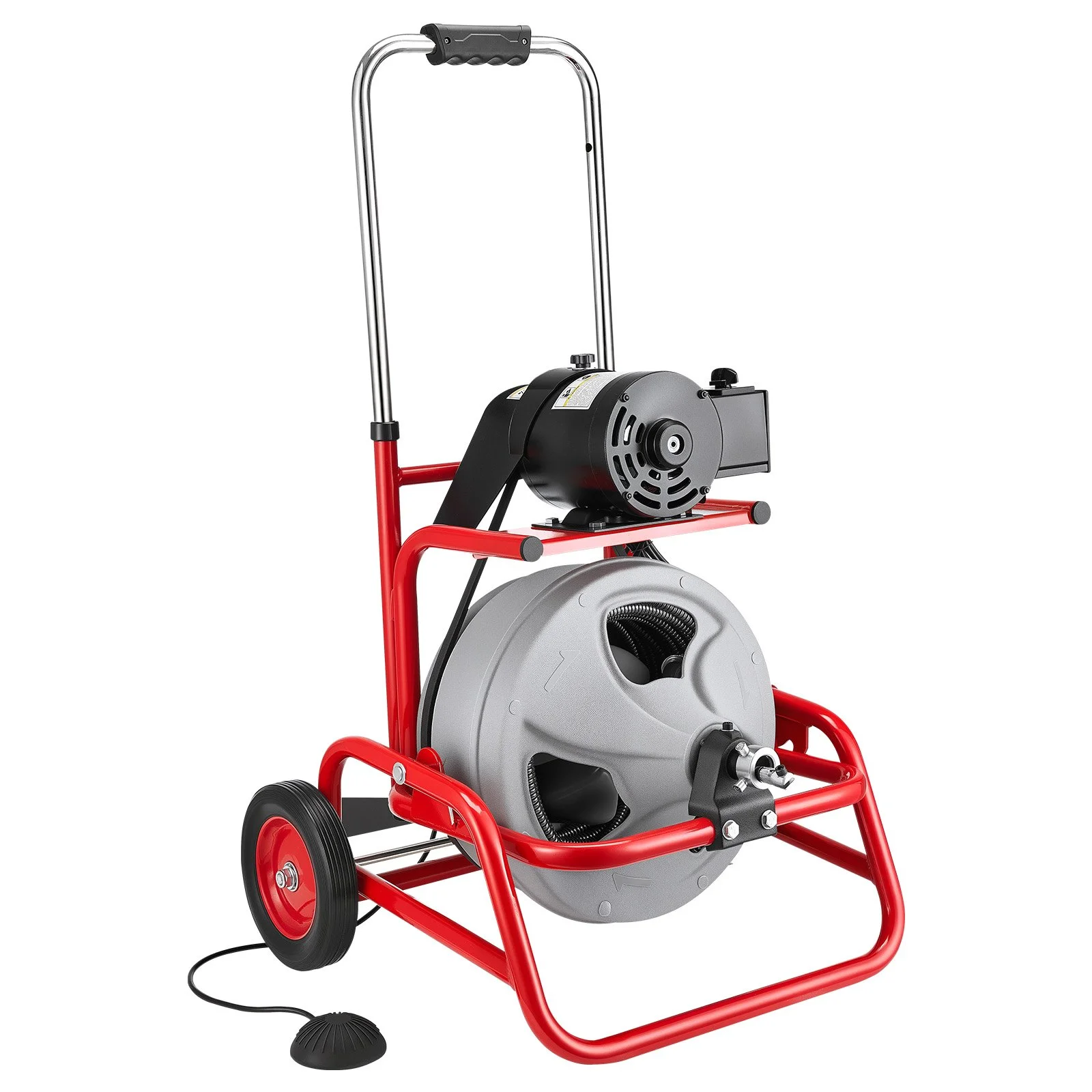 Drain Cleaner Machine 22m x 12.7mm, Sewer Snake Auger on Wheels, Manual Feed Drain Cleaning Machine with Adjustable Drum Angle, 6 Cutters & Air-activated Foot Switch for 50mm to 150mm Pipes