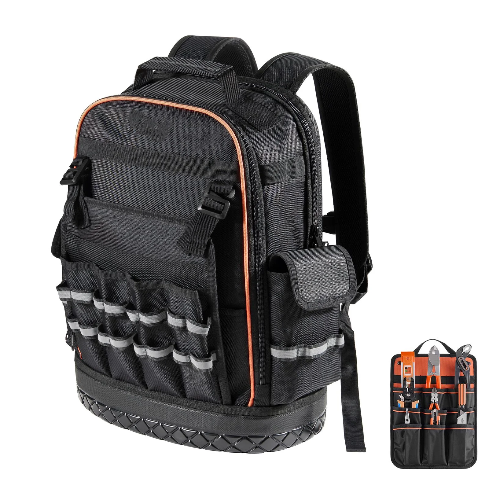 Tool Backpack, 64 Pockets, Heavy-duty Tools Storage Organizer Work Bags with Laptop Compartment & Molded Base, Electrician Jobsite Backpack for Electrician, Repairman, and HVAC Techs