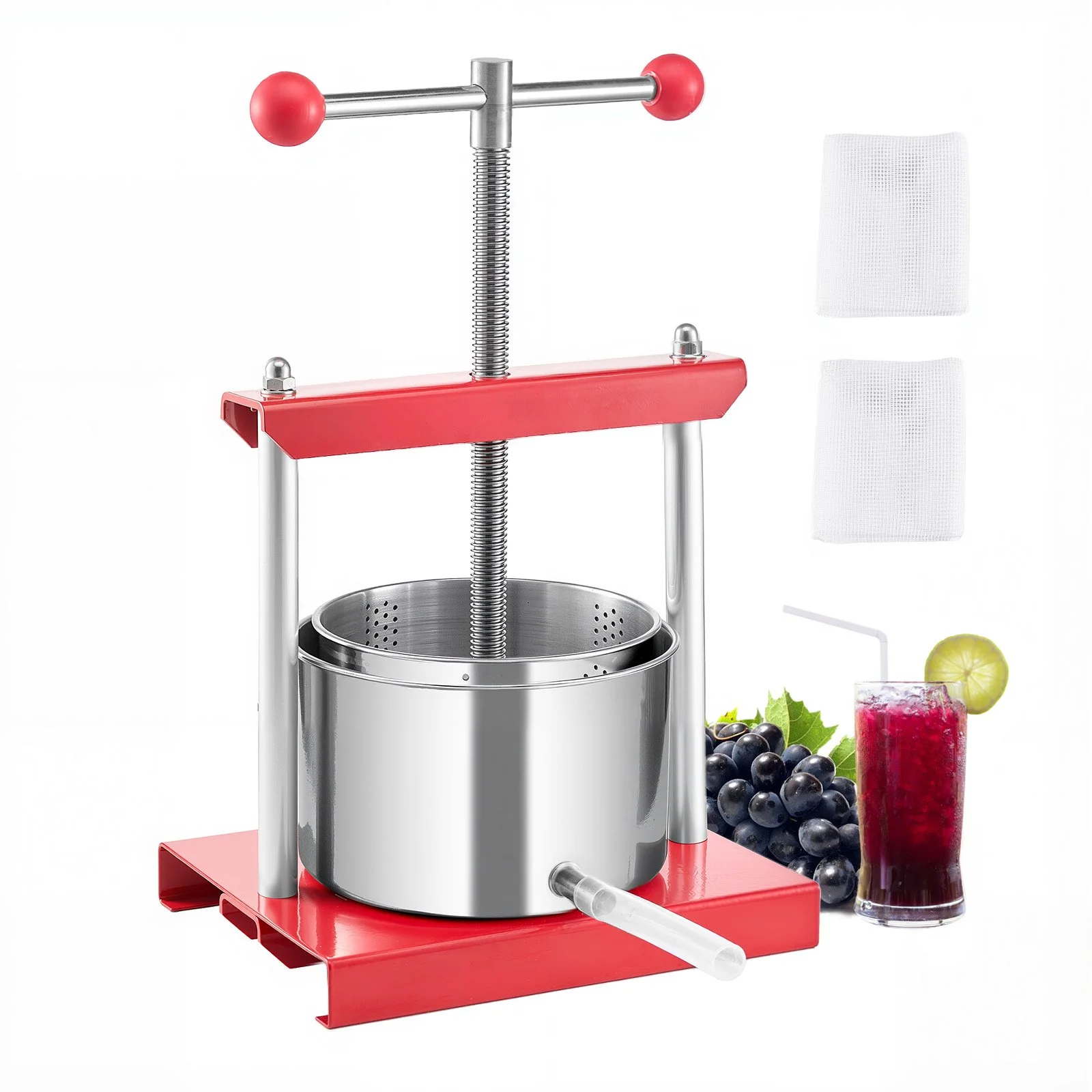 0.8 Gal/3L Fruit Wine Press, 2 Stainless Steel Barrels, Manual Juice Maker, Cider Apple Grape Tincture Honey Olive Oil Making Press with T-Handle for Outdoor Kitchen Home