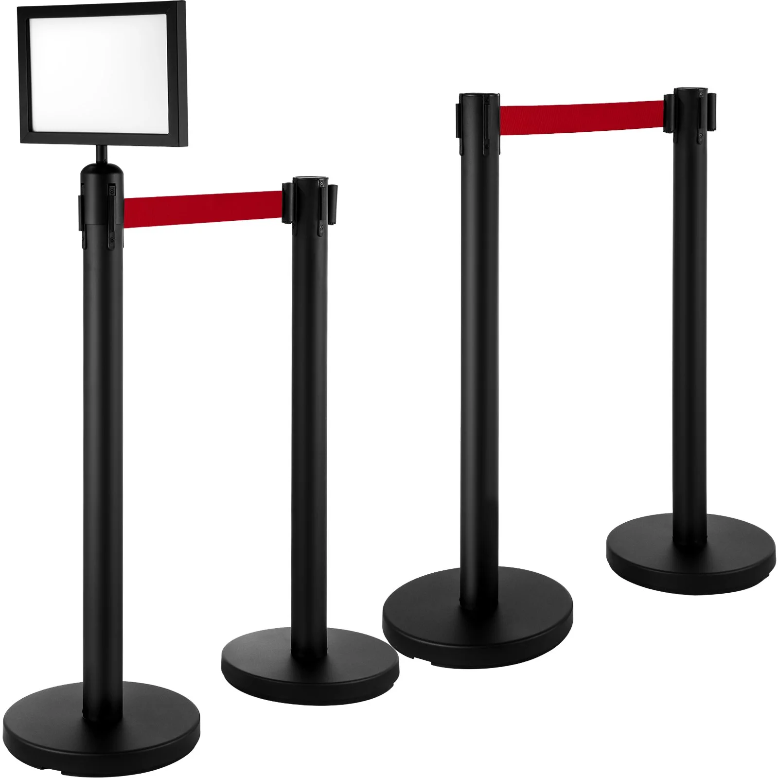 VEVOR Stanchion Post Barriers 4-Set Line Dividers, Stainless Steel Stanchions with 6.6 Black Retractable Belts, Stanchions with One Sign Frame, 34.6 Queue Safety Stanchions (Balck)