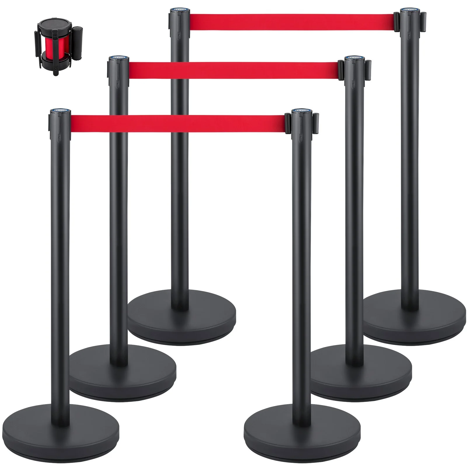 VEVOR Crowd Control Stanchion, Set of 6 Pieces Stanchion Set, Stanchion Set with 6.6 ft/2 m Red Retractable Belt, Crowd Control Barrier with Rubber Base – Easy Connect Assembly for Crowd Control (Black)