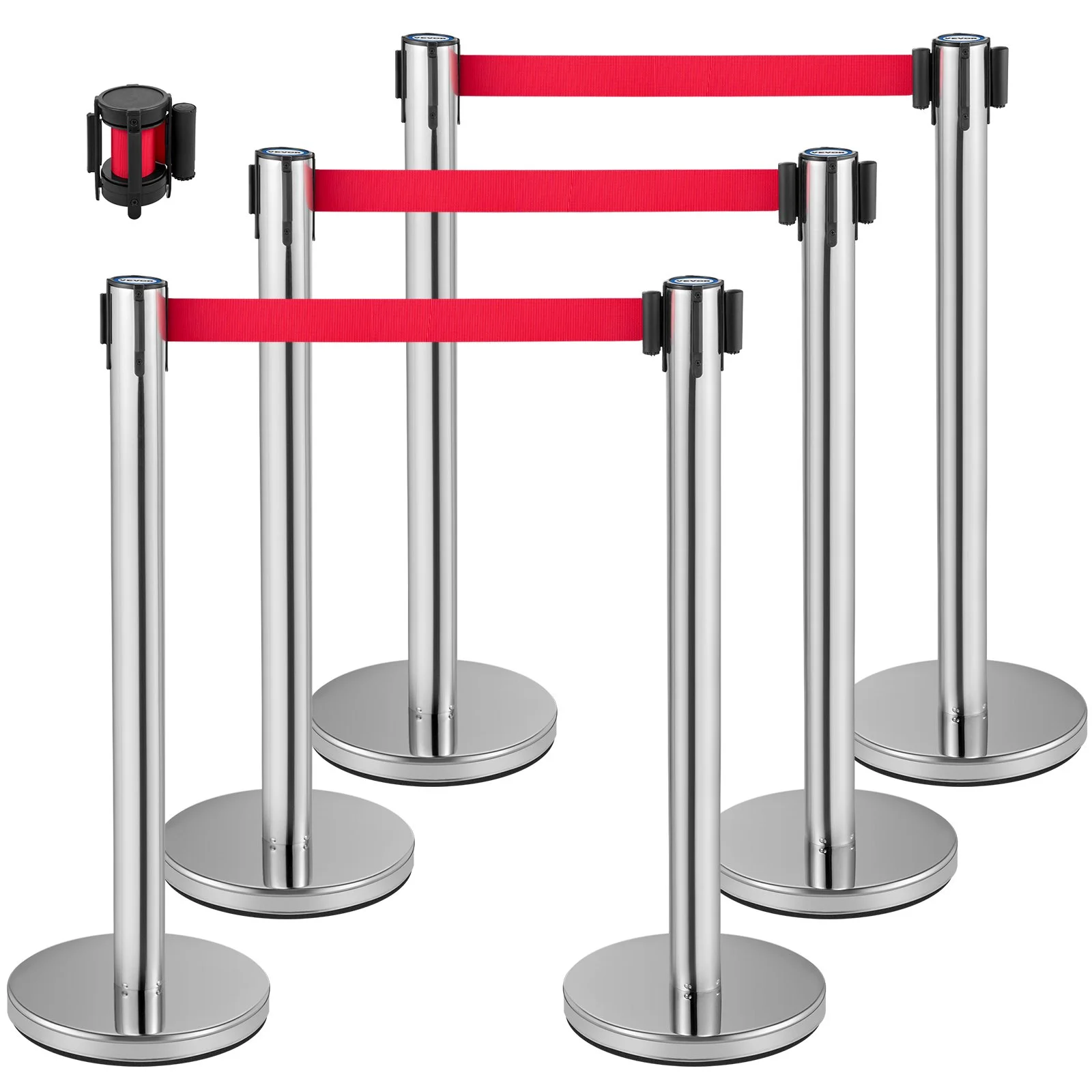 VEVOR Crowd Control Stanchion, Set of 6 Pieces Stanchion Set, Stanchion Set with 2 m Red Retractable Belt, Crowd Control Barrier with Rubber Base – Easy Connect Assembly for Crowd Control (Silver)