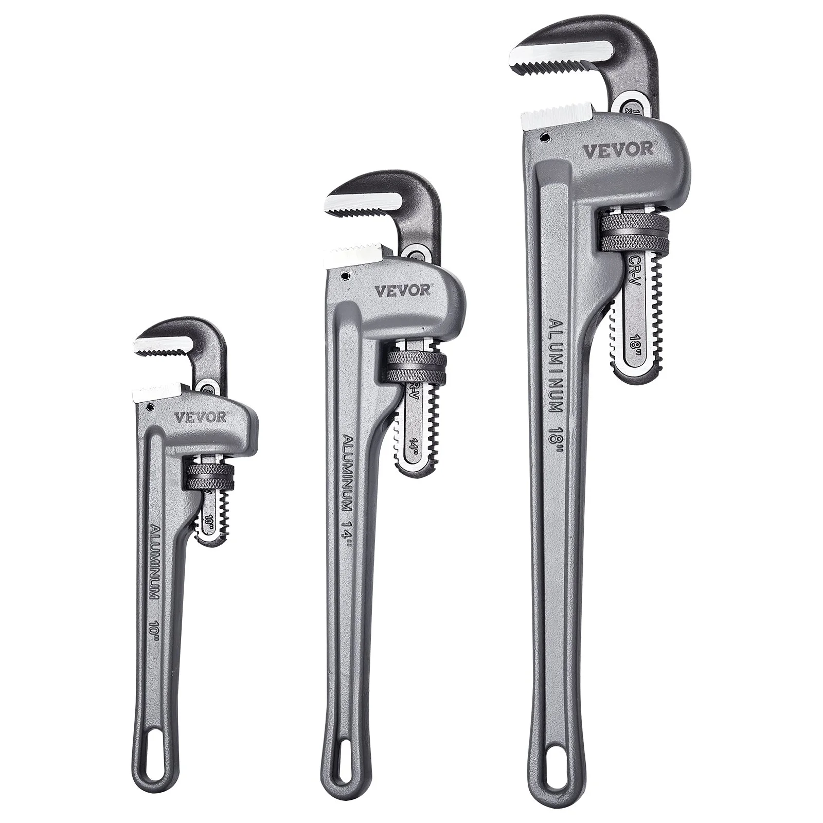 3-Piece Pipe Wrench Set, 10" 14" 18" Aluminum Straight Pipe Wrench, Adjustable Plumbing Wrench, with High Strength Jaw and Ergonomic Handle, Hangable Design, for Water Pipes, Automotive Repairs