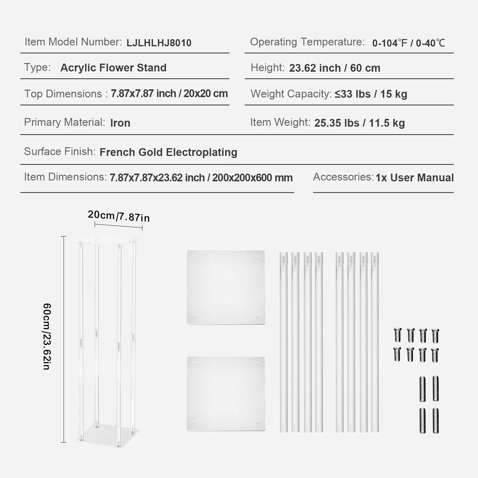 10PCS 23.6inch/60cm High Wedding Flower Stand, With Acrylic Laminate,Acrylic Vase Column Geometric Centerpiece Stands, Floral Display Rack for T-Stage thumbnail 7