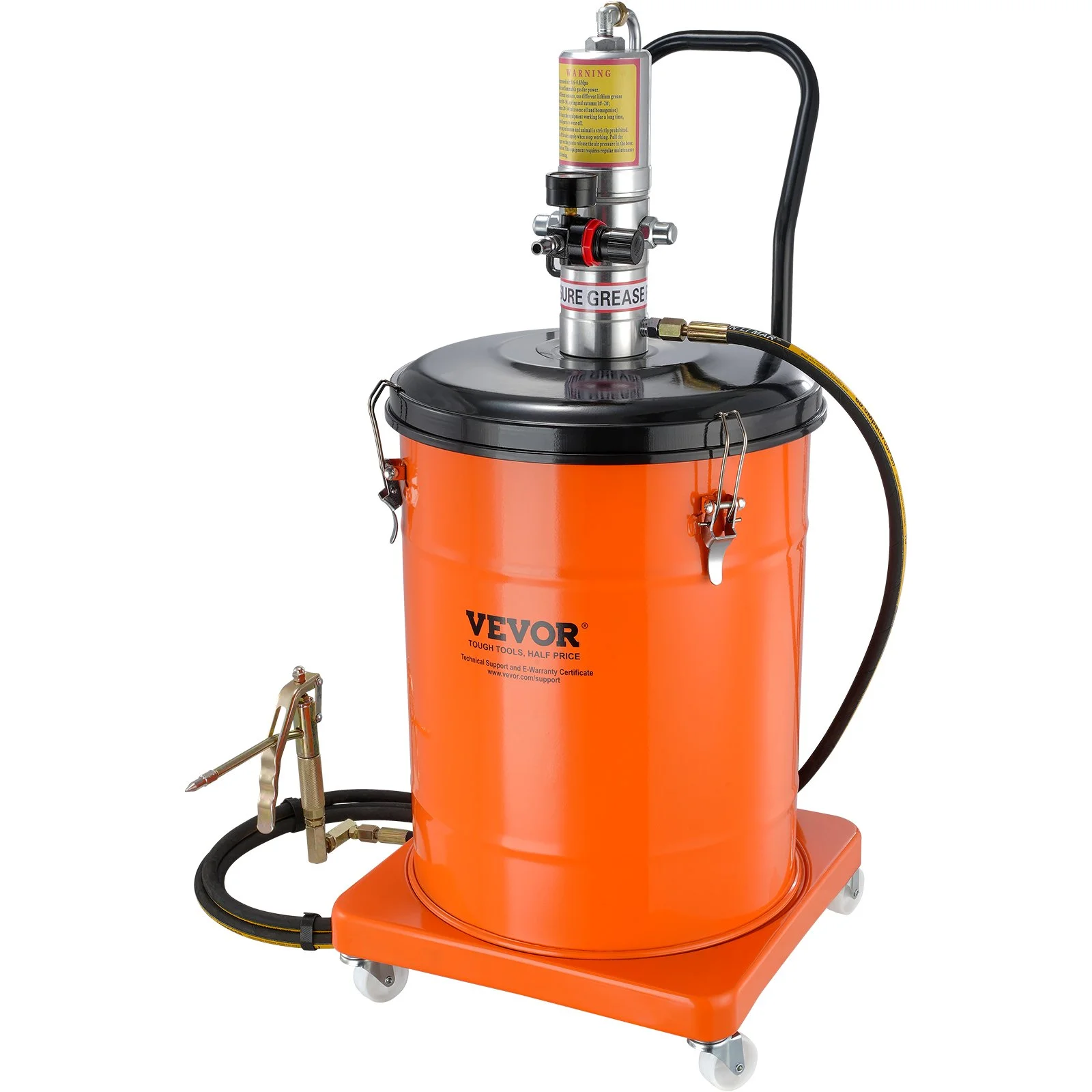 VEVOR Grease Pump, 40L Capacity, Air Operated Grease Pump with 3.88 m High Pressure Hose and Grease Gun, Pneumatic Grease Bucket Pump with Wheels, Portable Lubrication Grease Pump 50:1 Pressure Ratio