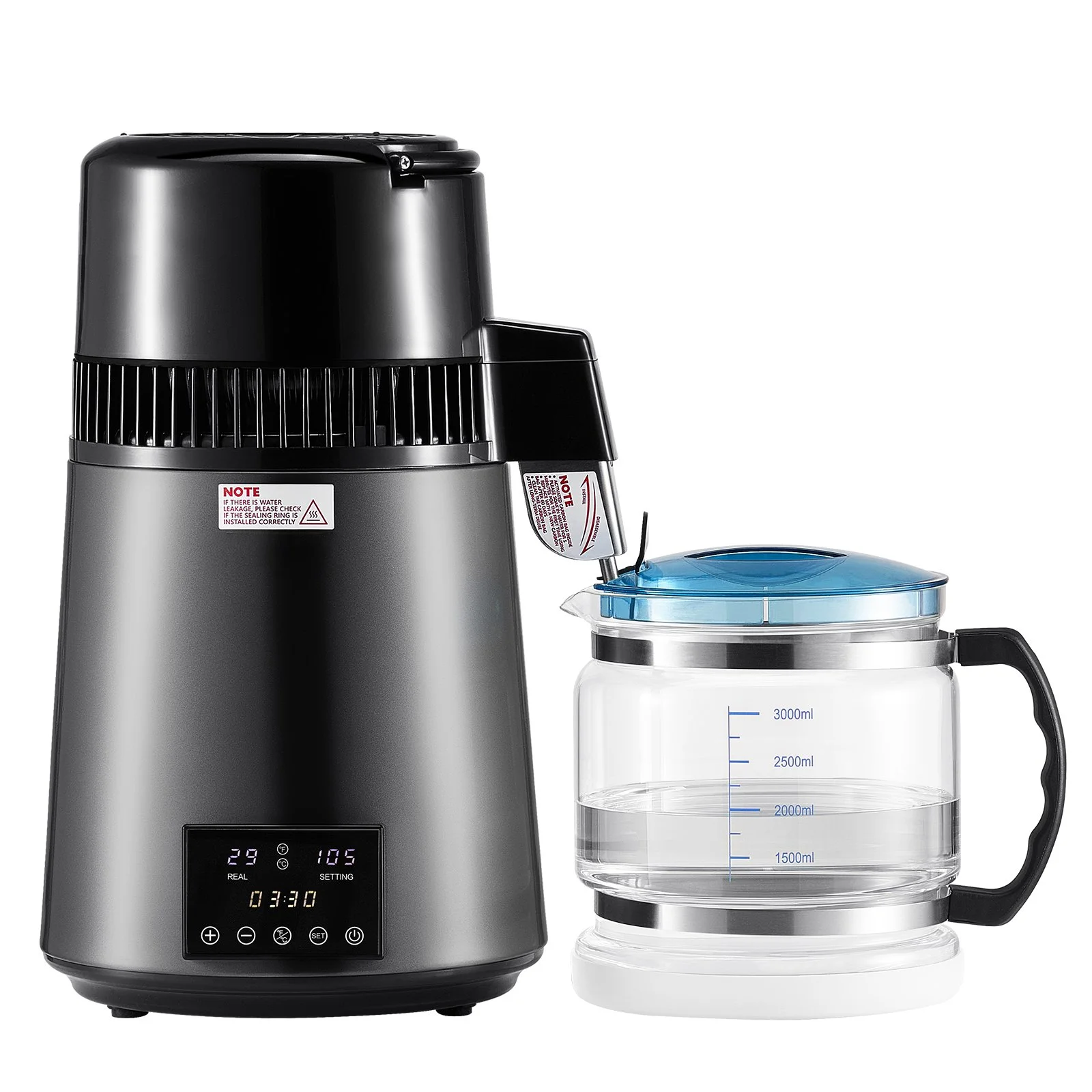 VEVOR Water Distiller, 4L 1.1 Gallon Pure Water Purifier Filter For Home Table Countertop, 1750W Distilled Maker with Glass Pot, Stainless Steel Interior Drinking Machine to Make Clean Waters, Grey