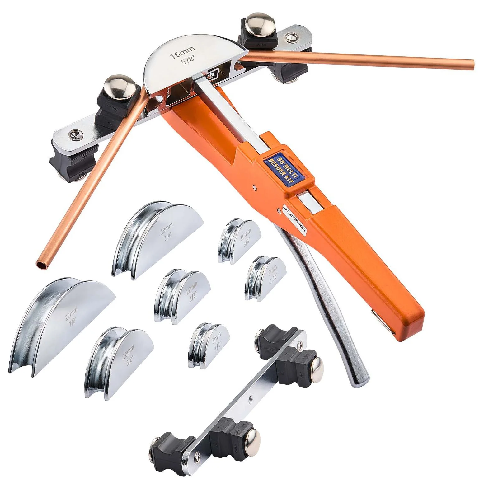 Tubing Bender Kit, 6 mm to 22 mm, Compact Ratcheting Tube Pipe Bender, Ratchet Hand Bending Tool, with 7 Aluminium Alloy Dies, HVAC Tools, for Copper Aluminum HVAC Refrigeration Maintenance