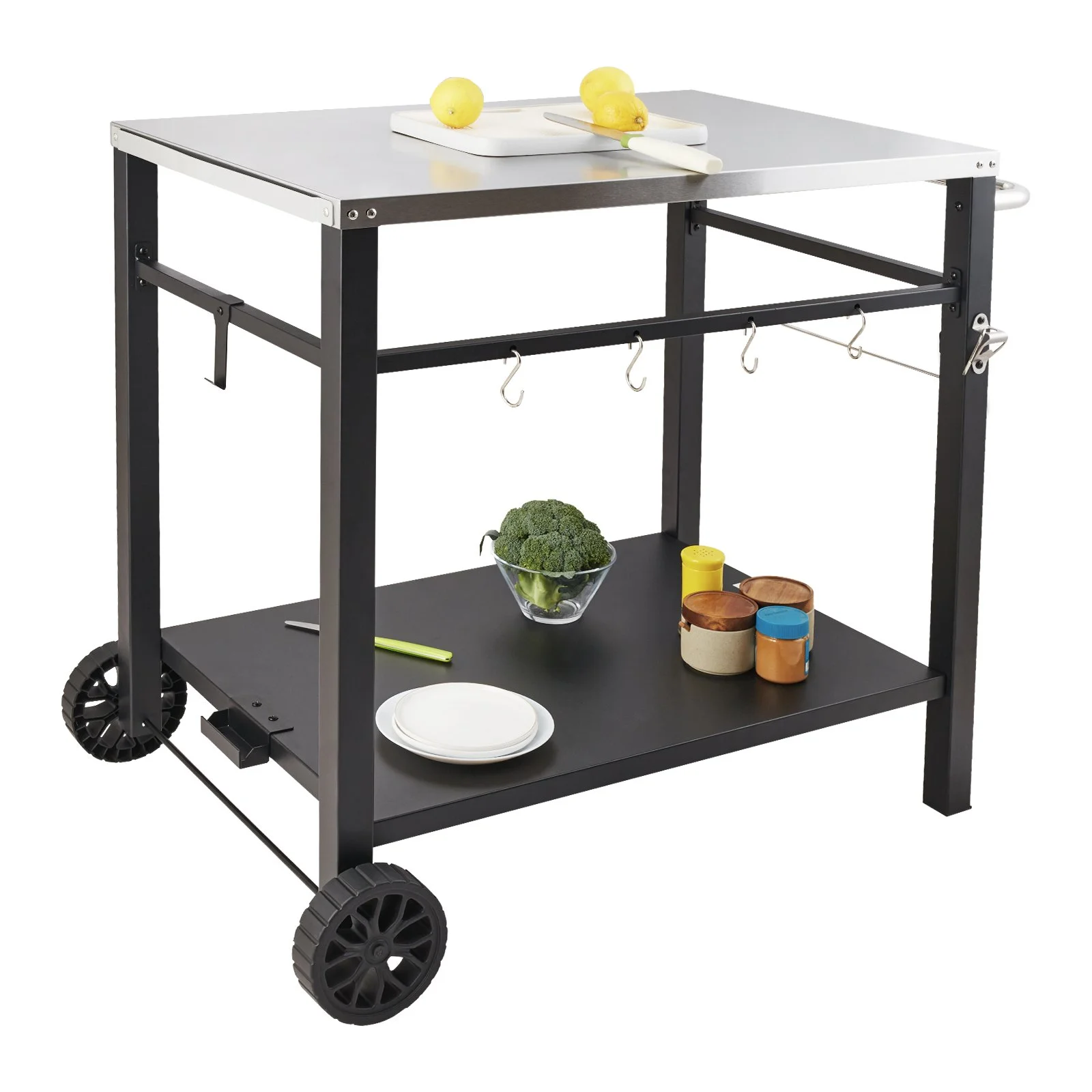 VEVOR Outdoor Grill Dining Cart with Double-Shelf, 85*55cm BBQ Movable Food Prep Table, Multifunctional Stainless Steel Table Top, Portable Modular Carts for Pizza Oven, Worktable with 2 Wheels, Carry Handle