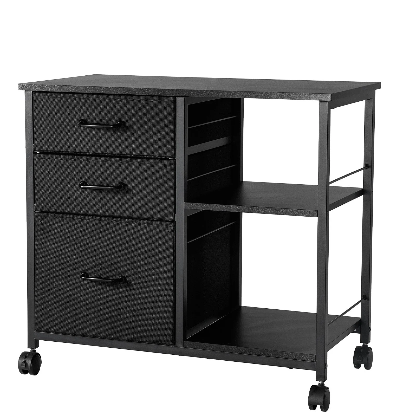 VEVOR Mobile Metal File Cabinet with 3 Fabric Drawers and 2 Open Shelves Black