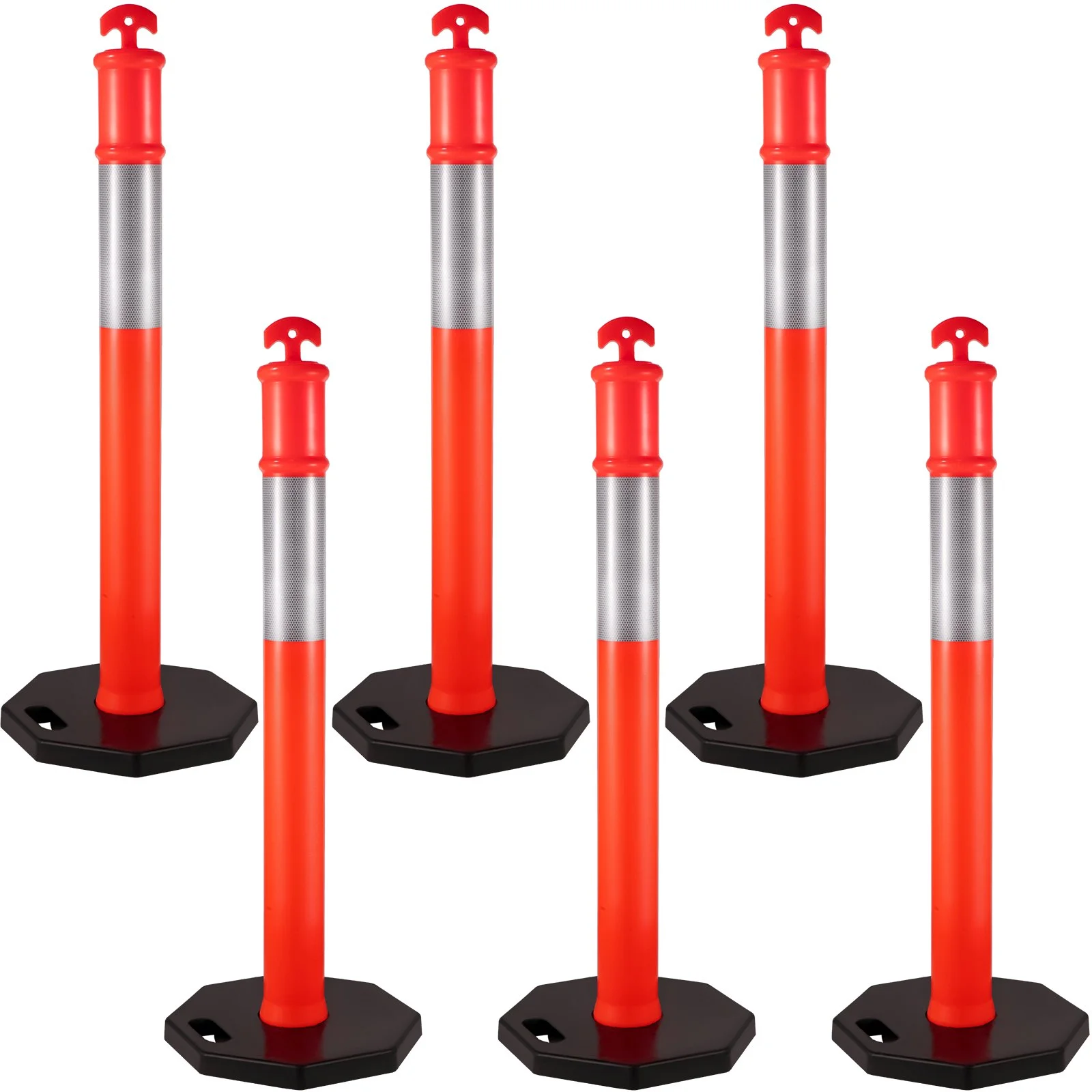 VEVOR 6Pack Traffic Delineator Posts 44 Inch Height, PE Delineator Cones Post Kit 10 inch Reflective Band, Delineators Post with Rubber Base 16 inch for Construction Sites, Facility Management etc.