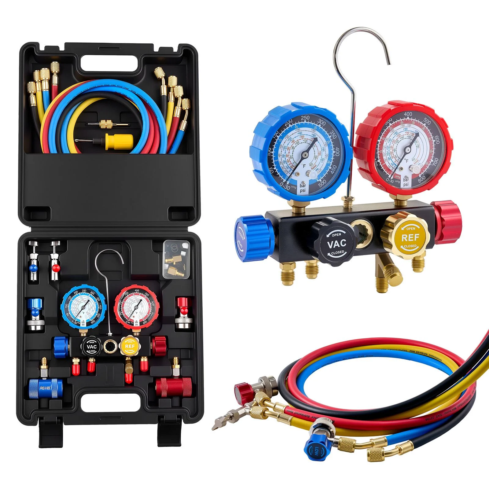 AC Manifold Gauge Set for R134a R404A R1234yf R22 Refrigerant, 4 Way AC Gauge with 1.5m Hoses, Adapters, Quick Couplers, Can Taps for Automotive Air Conditioning Maintenance, Charging Evacuation