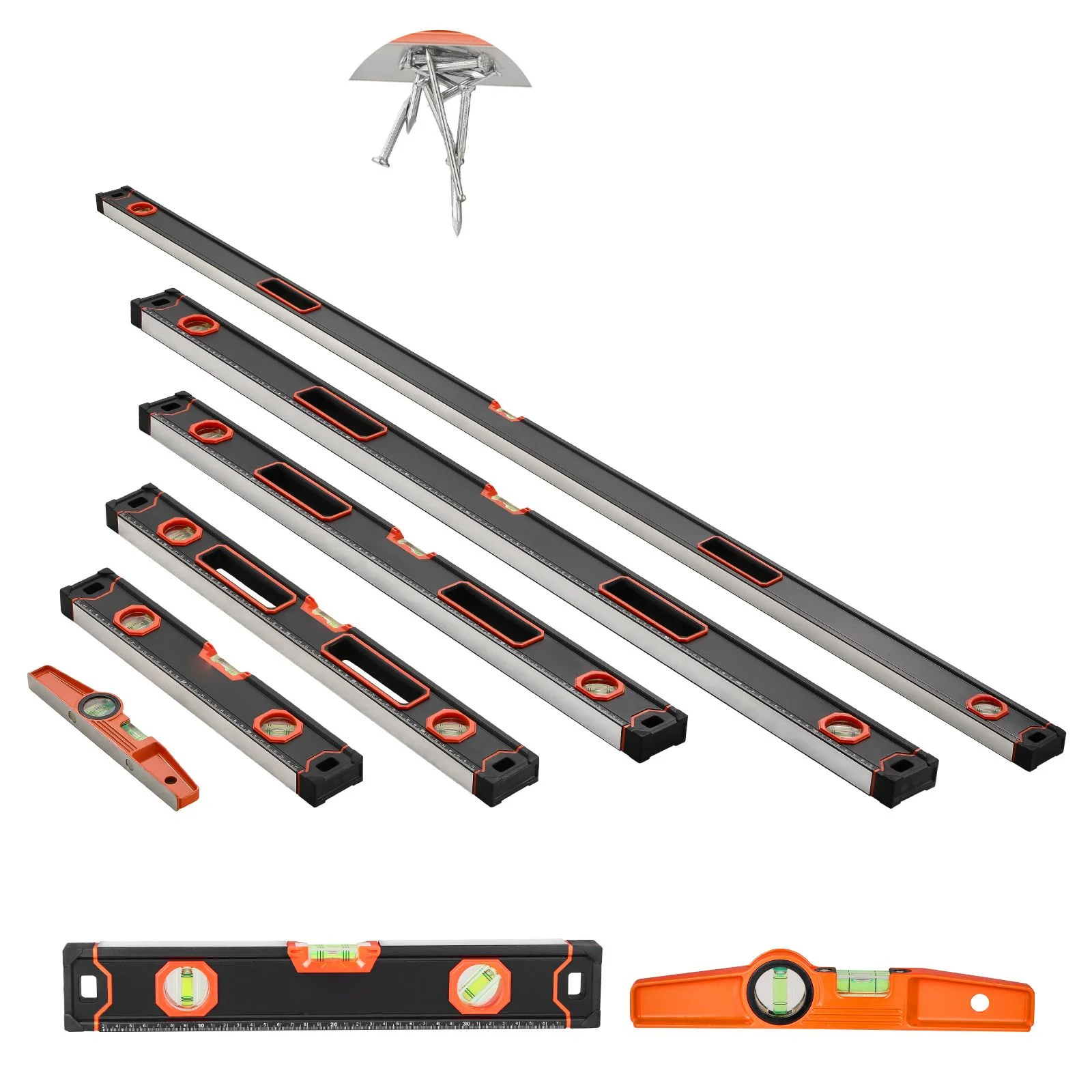 6-Piece Torpedo Level, 2000/1200/800/600/400/250 mm Box Levels Set, Bubble Vials Ruler for 45/90/180 Degree, Shock-Proof Aluminum Alloy Magnetic Leveler Tool, SAE/Metric Scale(250-mm has magnet)