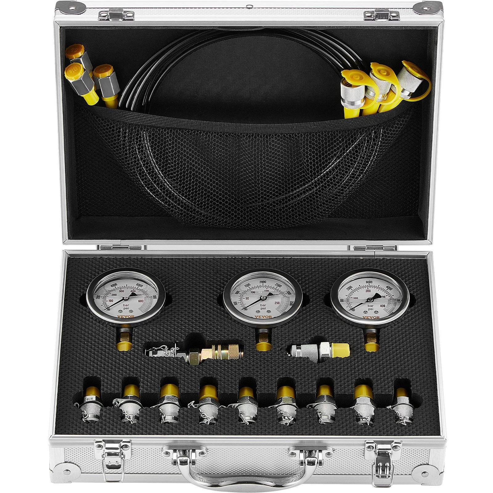 Hydraulic Pressure Test Kit, 250/400/600bar, 3 Gauges 11 Test Couplings 3 Test Hoses, Excavator Hydraulic Test Gauge Set with Portable Carrying Case for Excavator Tractors Construction Machinery