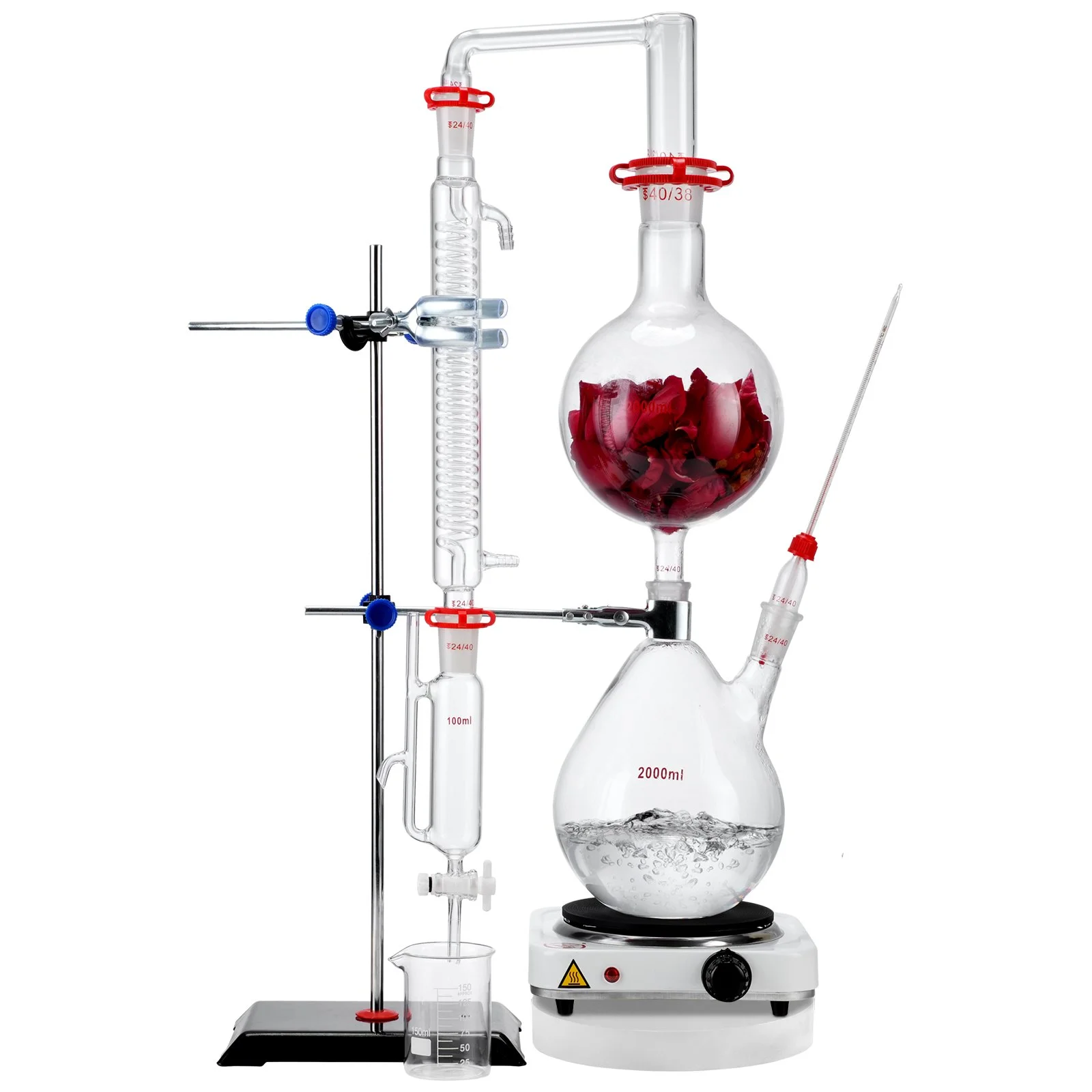 VEVOR Essential Oil Distillation Kit, 2000ml Distillation Apparatus, 3.3 Boro Lab Glassware Distillation Kit with 1000W Heating Plate and 24, 40 Joint, 28 pcs Set