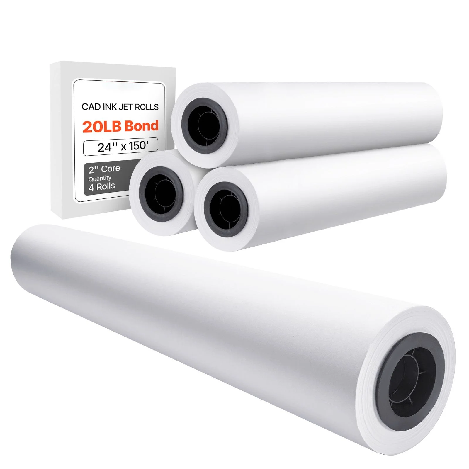 Wide Format Paper, 609.6 mm x 45.7 m Plotter Paper, 4 Rolls CAD Bond Rolls with 50.8 mm Core, 10 KG Plotter Paper Rolls, for CAD Drawings, Engineering Plans, GIS Maps & Architectural Designs