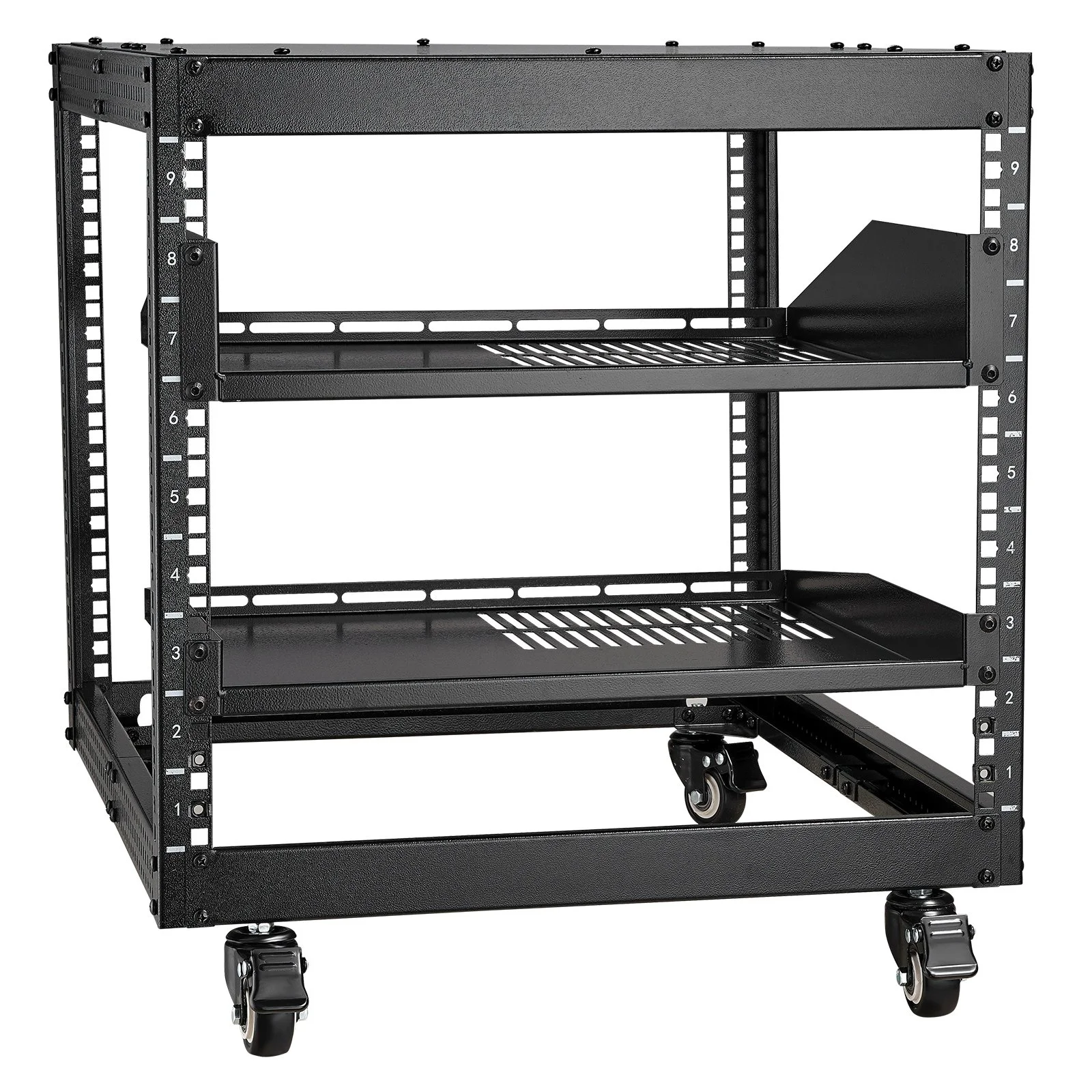 9U Open Frame Server Rack, 584.2 to 1016 mm Adjustable Depth, Free Standing or Wall Mount Network Server Rack with 360° Casters, Heavy Duty 4 Post Holds All Your Networking IT Equipment AV Gear