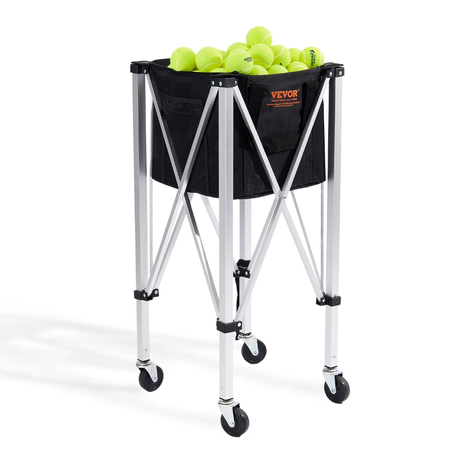 Foldable Tennis Ball Hopper, Holds 180 Tennis Balls, Lightweight Aluminum Alloy Tennis Ball Basket Cart with Wheels, Removable Bag, Carry Bag, Portable Sports Teaching Cart for Tennis Player