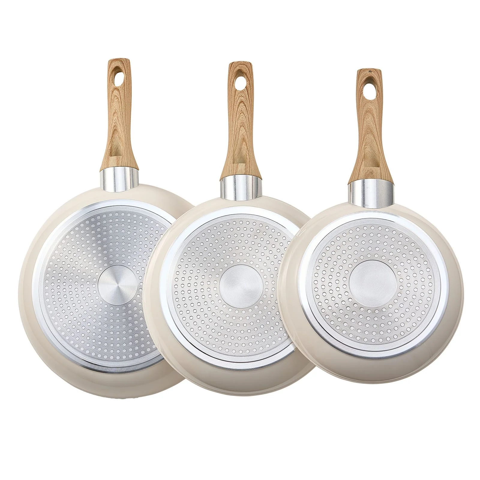 Frying Pan Skillet, Aluminum Egg Fry Pans, 3 Pcs (200, 240, 280 mm), Nonsitck Ceramic Heavy-Duty Skillets with Heat-Resistant Handle, Chef's Kitchen Cookware for Gas, Electric, Induction, Beige
