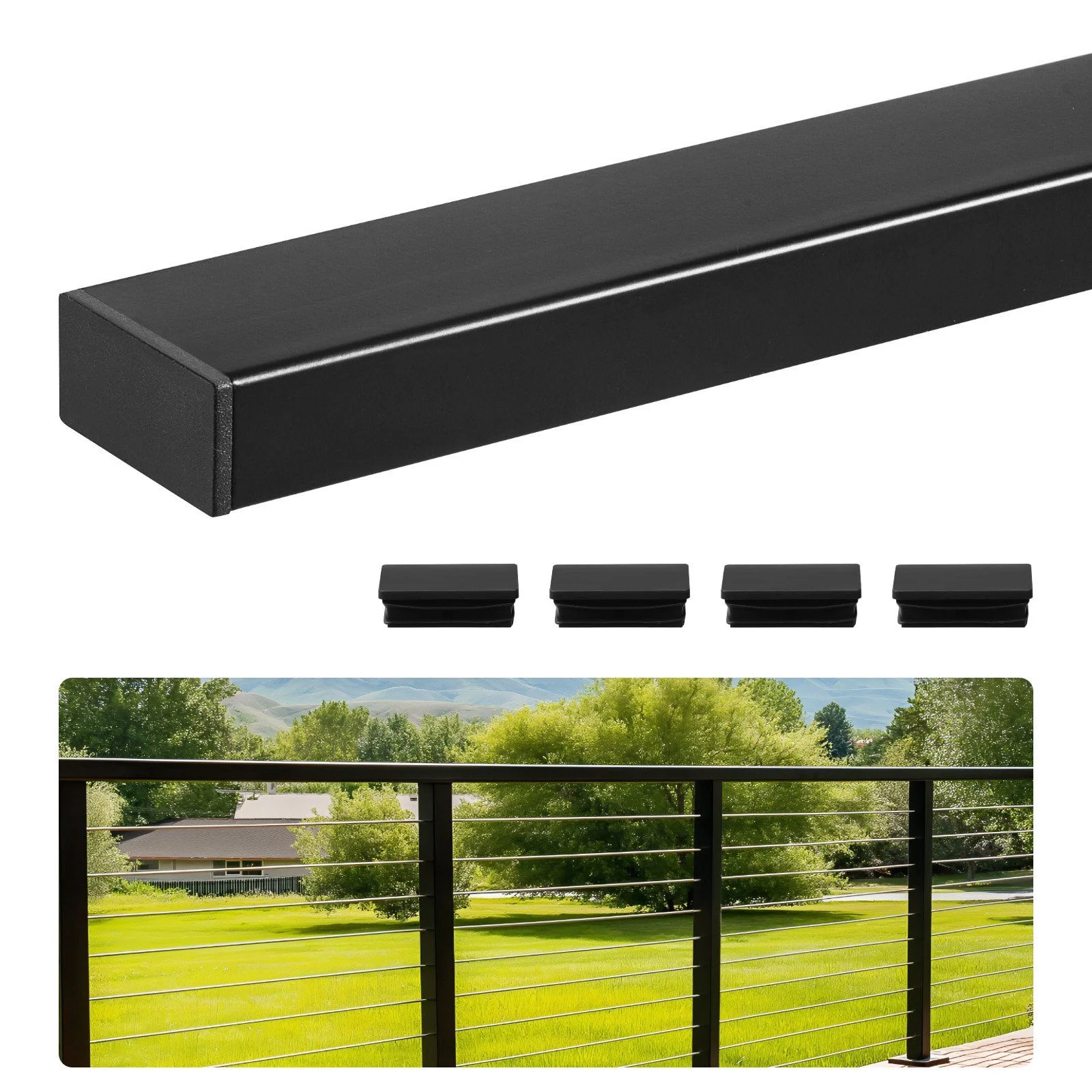 198 cm Stainless Steel Handrail, Rectangular Top Stair Deck Hand Rail for Outdoor/Indoor Steps with End Cap,Matte Black Coating Adjustable Metal Stair Rail for Cable Railing Kit