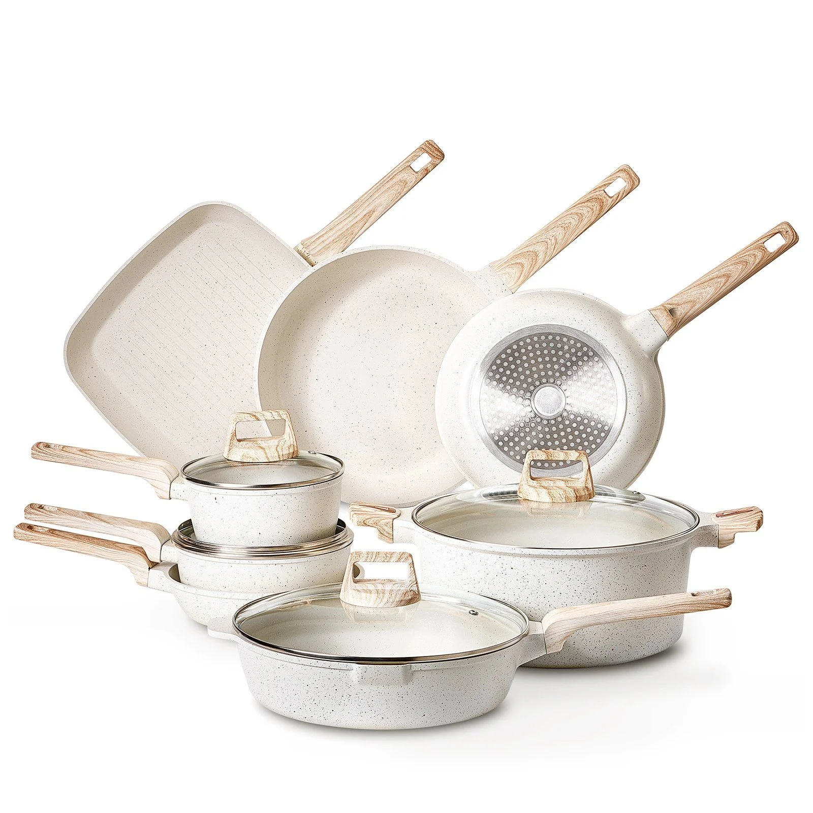 19 Piece Pots and Pans Set Nonstick, Granite Cookware Set, Induction Cookwares, Kitchen RV Cooking Sets with Frying, Sauce, Saute, Tempered Glass Lids, and Pan Protectors, White