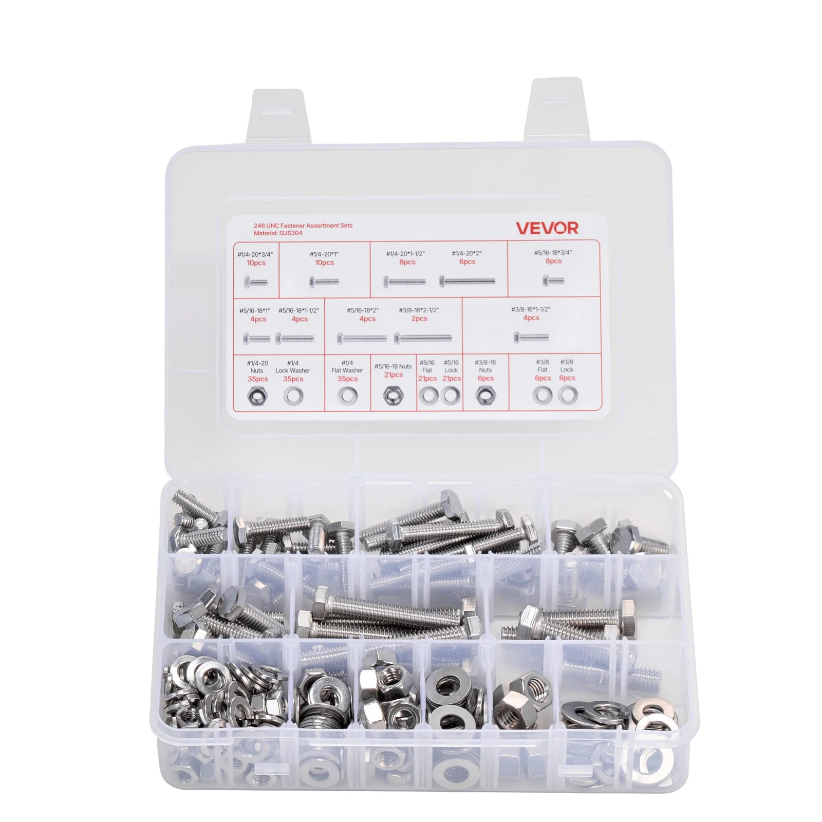 VEVOR 246 Pcs Bolts and Nuts Assortment Kit, Imperial Screws and Flat Washers, Stainless Steel 1/4-20,5/16-18,3/8-16, Spring Lock Washers for Furniture / Equipment /Vehicle Assembly with Case