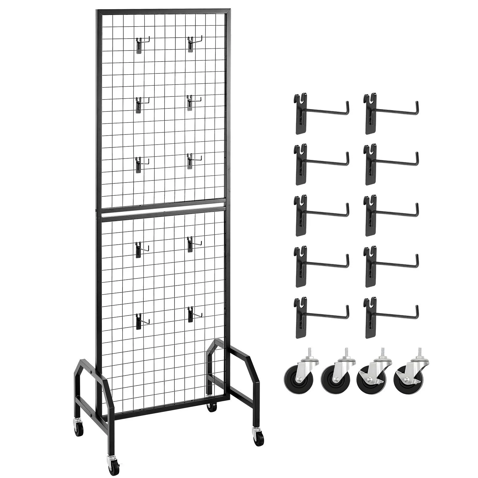 Grid Wall Panel, 600 x 1640 mm Wire Grid Panels Display Rack, Movable Art Display Shelf with Wheels and 10 Hooks, Black Carbon Steel Gridwall for Craft Show, Decoration, Storage, Notice Board